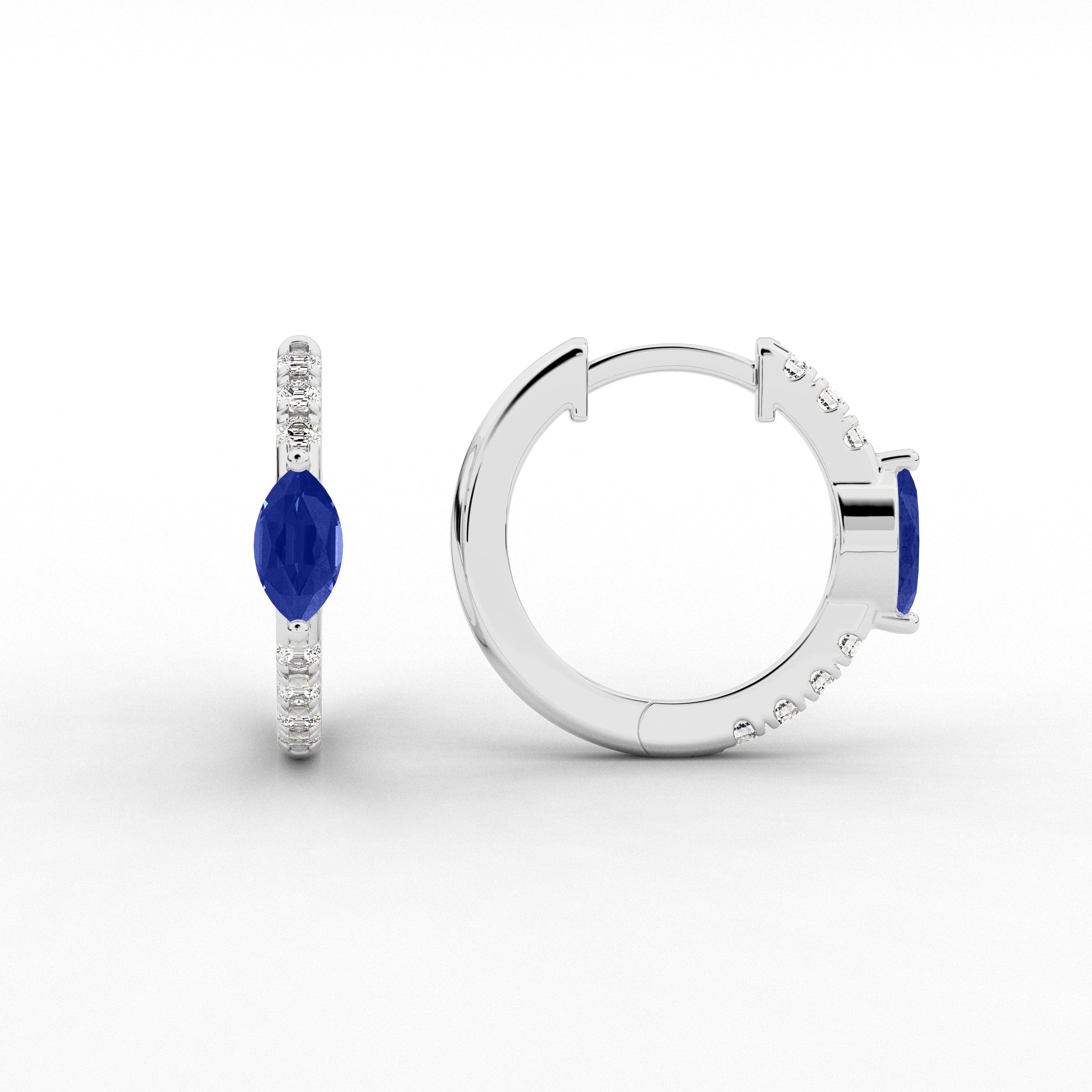 White Gold Marquise And Blue Sapphire Lab Grown Diamond Engagement Hoop Earring