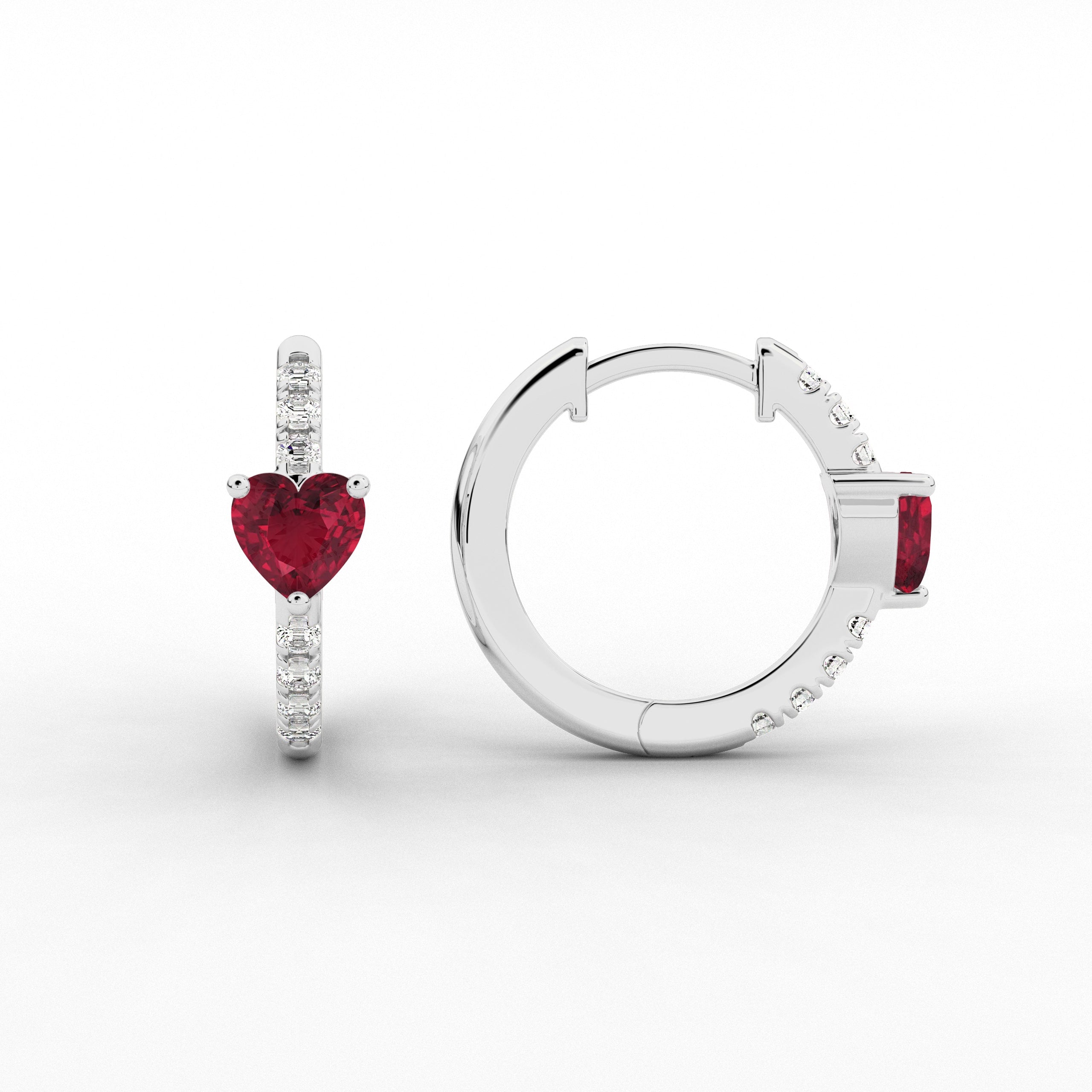 White Gold Hoop Earring In Heart And Ruby Cut Moissanite Diamond For Woman