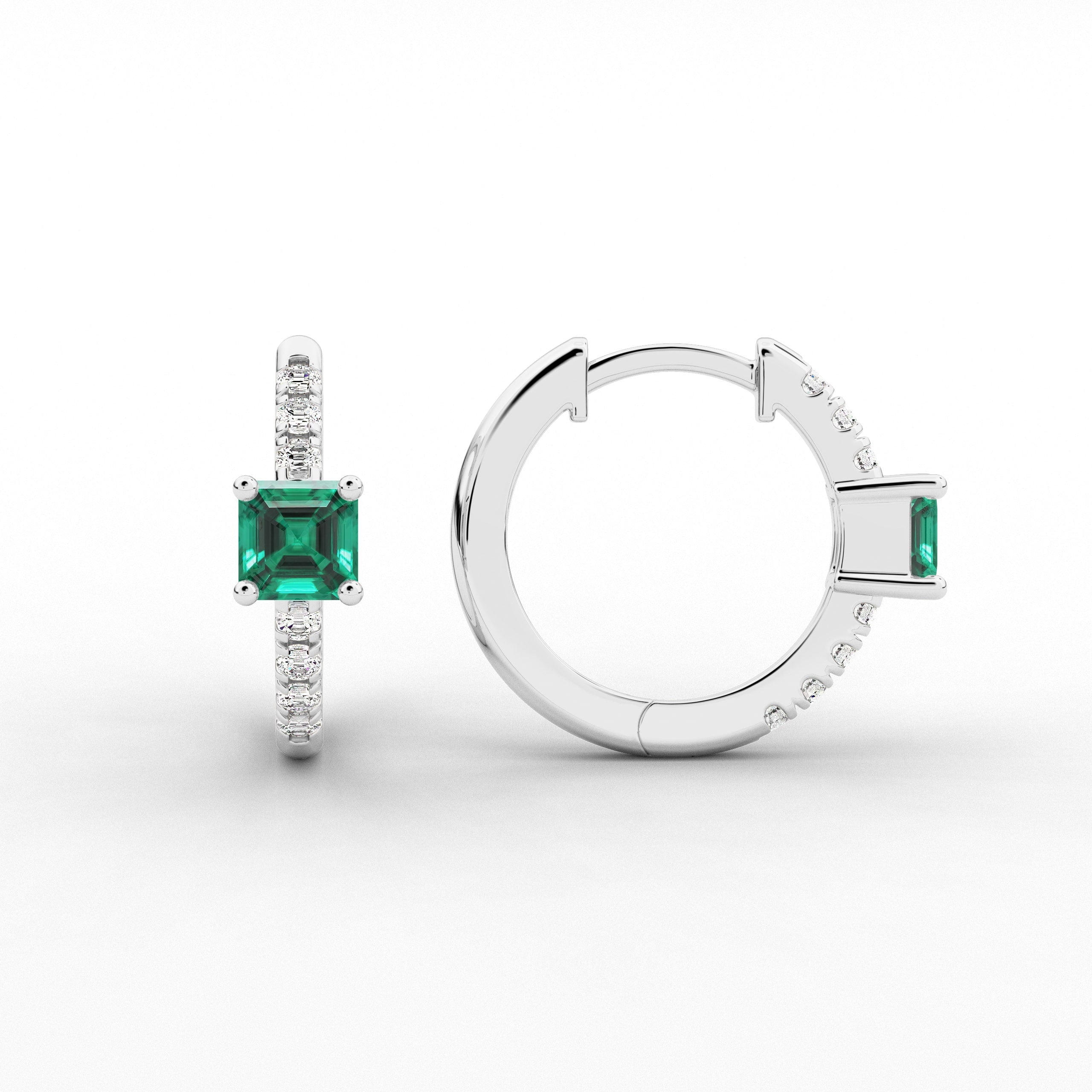 Green Emerald And Asscher Cut Moissanite Diamond Hoop Earring In White Gold