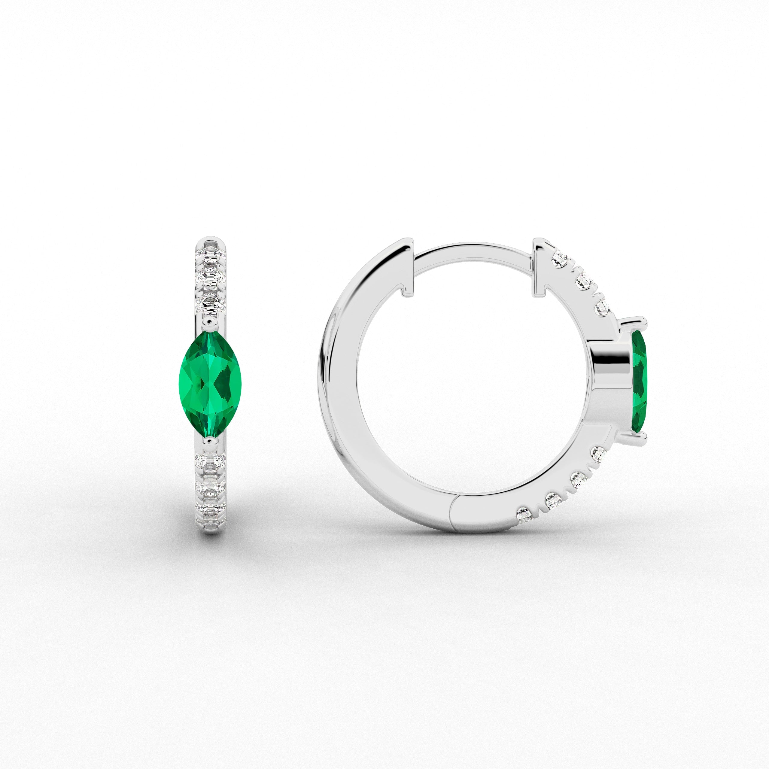 White Gold Hoop Earring In Green Emerald And Marquise Cut Moissanite Diamond Engagement Gift