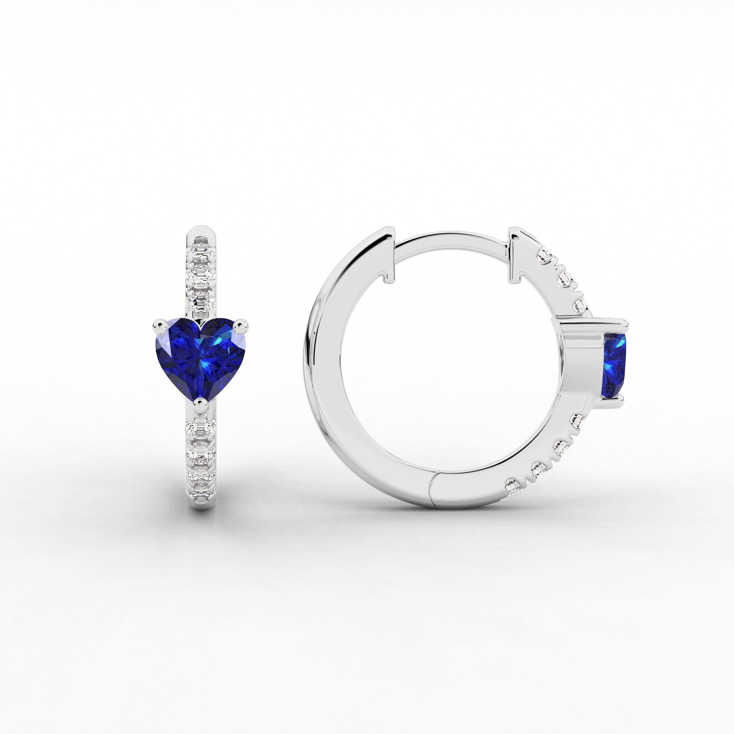  Heart Cut With Blue Sapphire Diamond Hoop Earring In White Gold