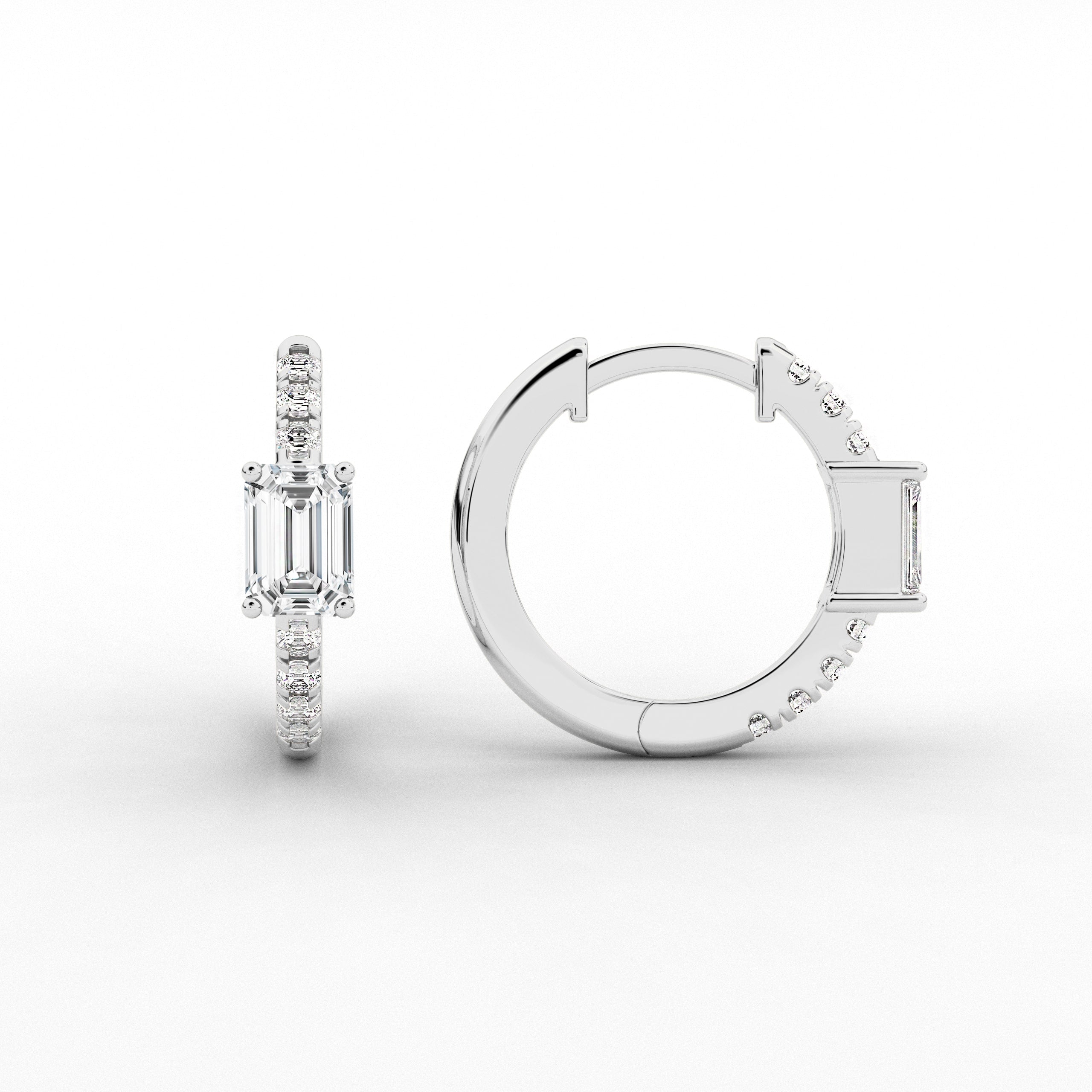 White Gold Emerald Cut Engagement Earring Hoop