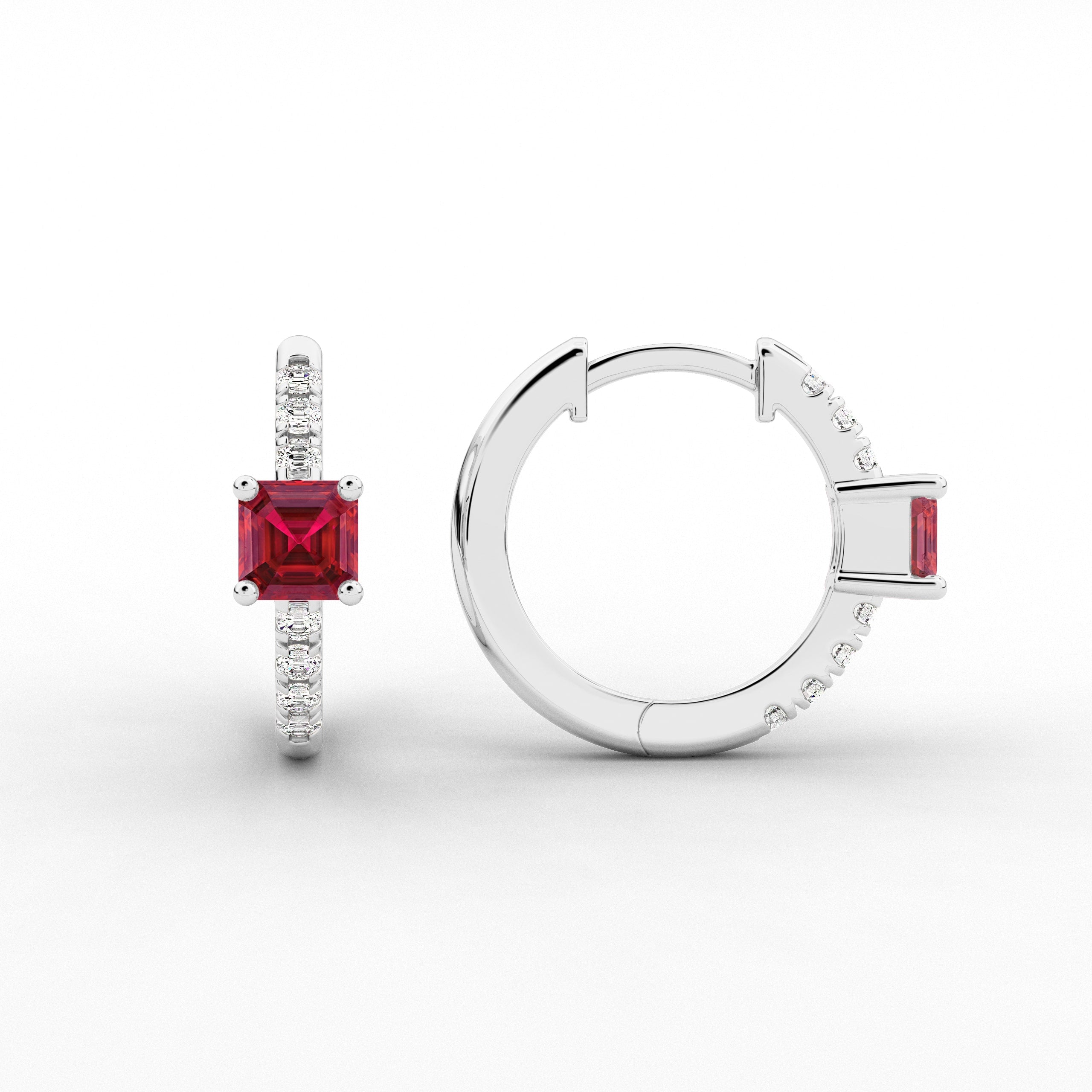 White Gold Asscher And Ruby Cut Diamond Engagement Hoop Earring