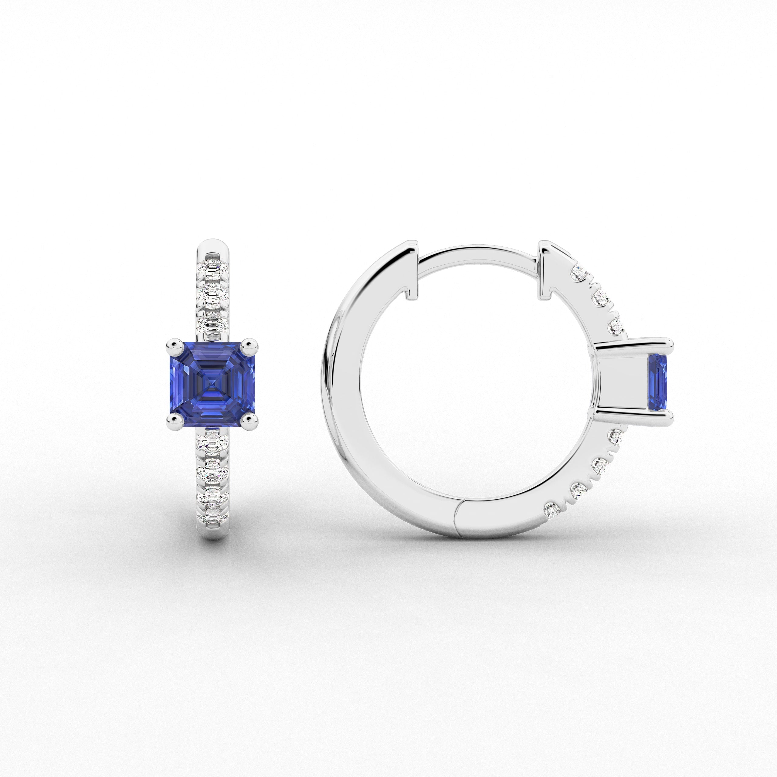 White Gold Hoop Earring In Blue Sapphire And Asscher Cut Moissanite Diamond Engagement Gift