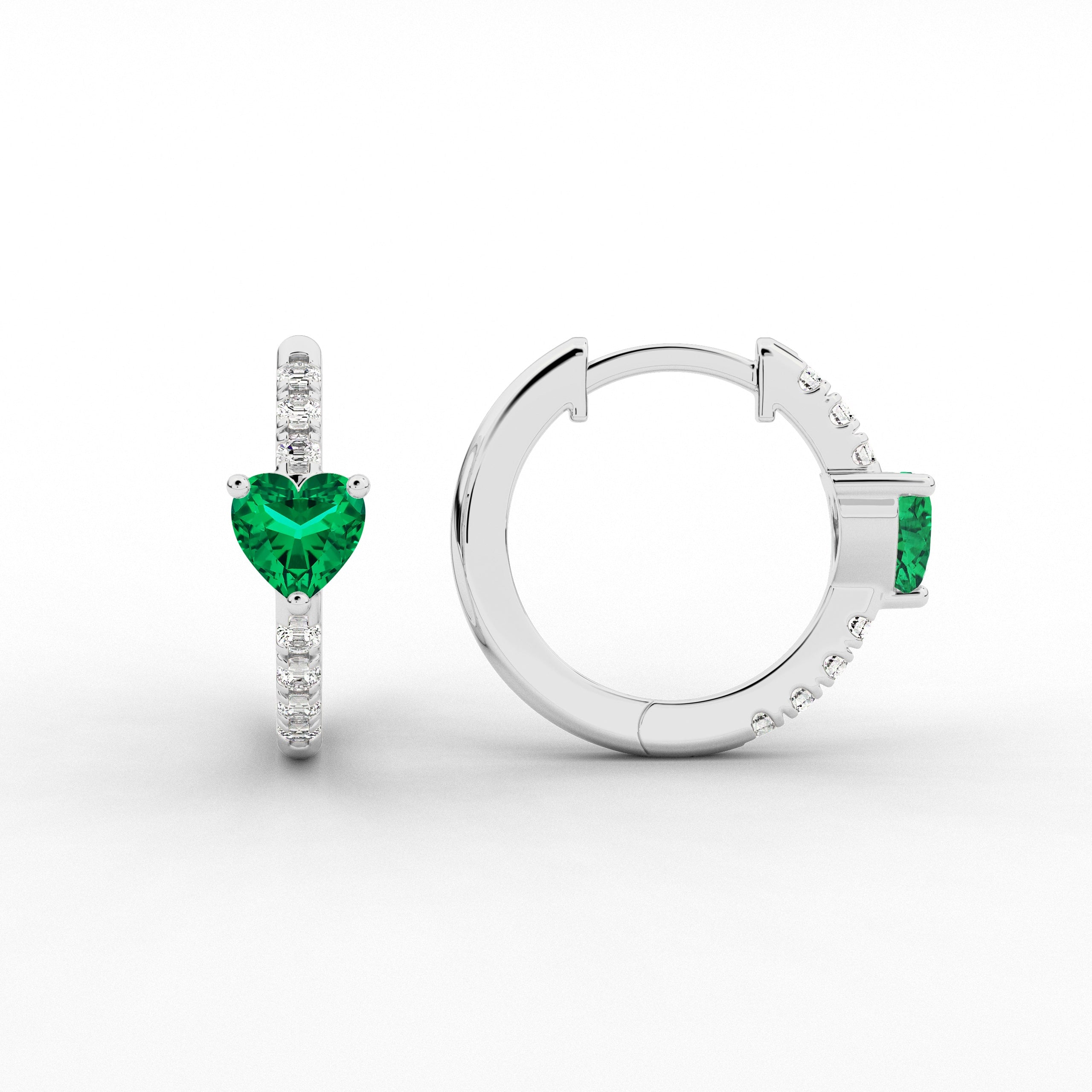 Heart Cut Moissanite Hoop Earring In Green Emerald In White Gold