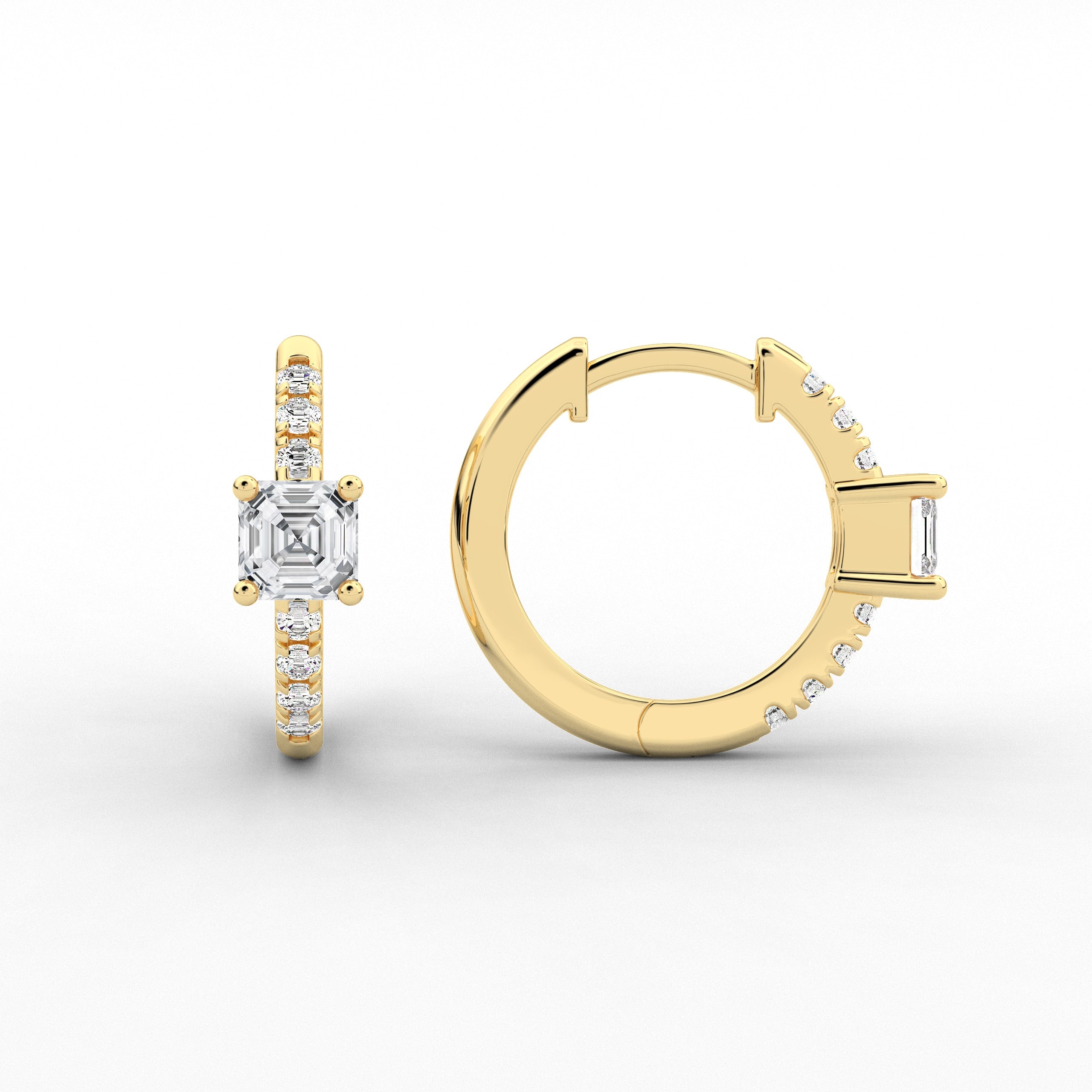 Yellow Gold Asscher Cut Engagement Earring Hoop 