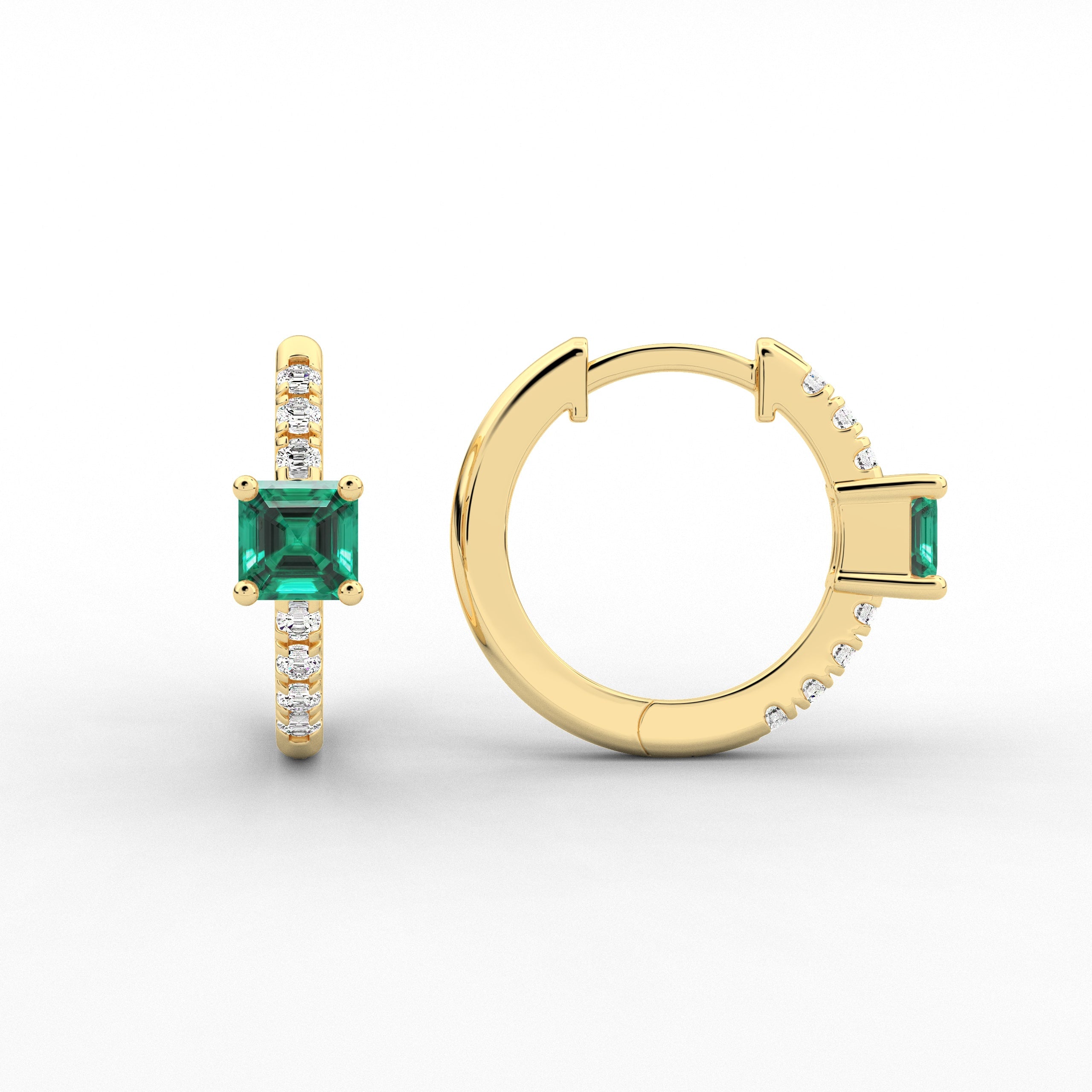 Green Emerald And Asscher Cut Moissanite Diamond Hoop Earring In Yellow Gold