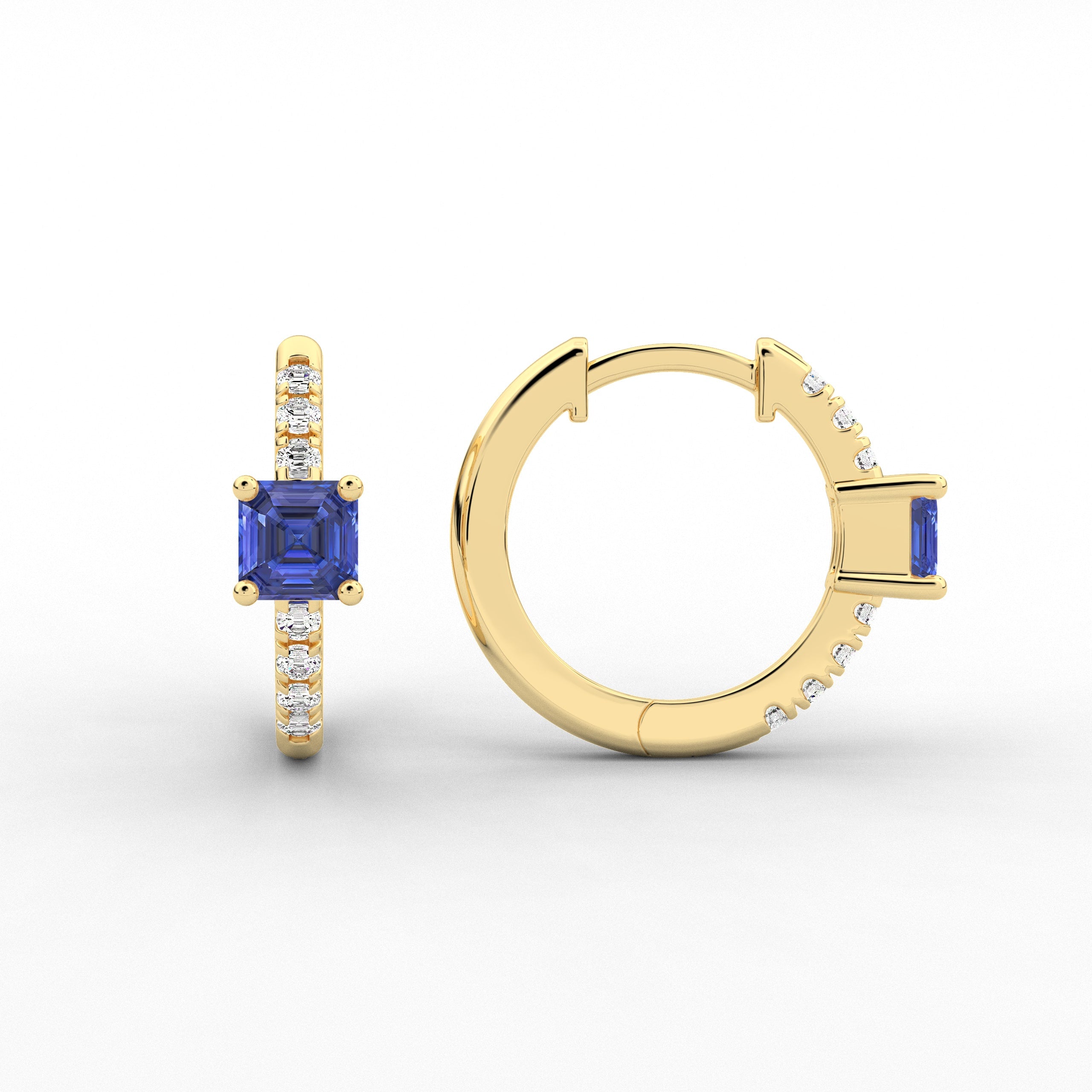 Asscher And Blue Sapphire Lab Grown Diamond Wedding Hoop Earring In Yellow Gold