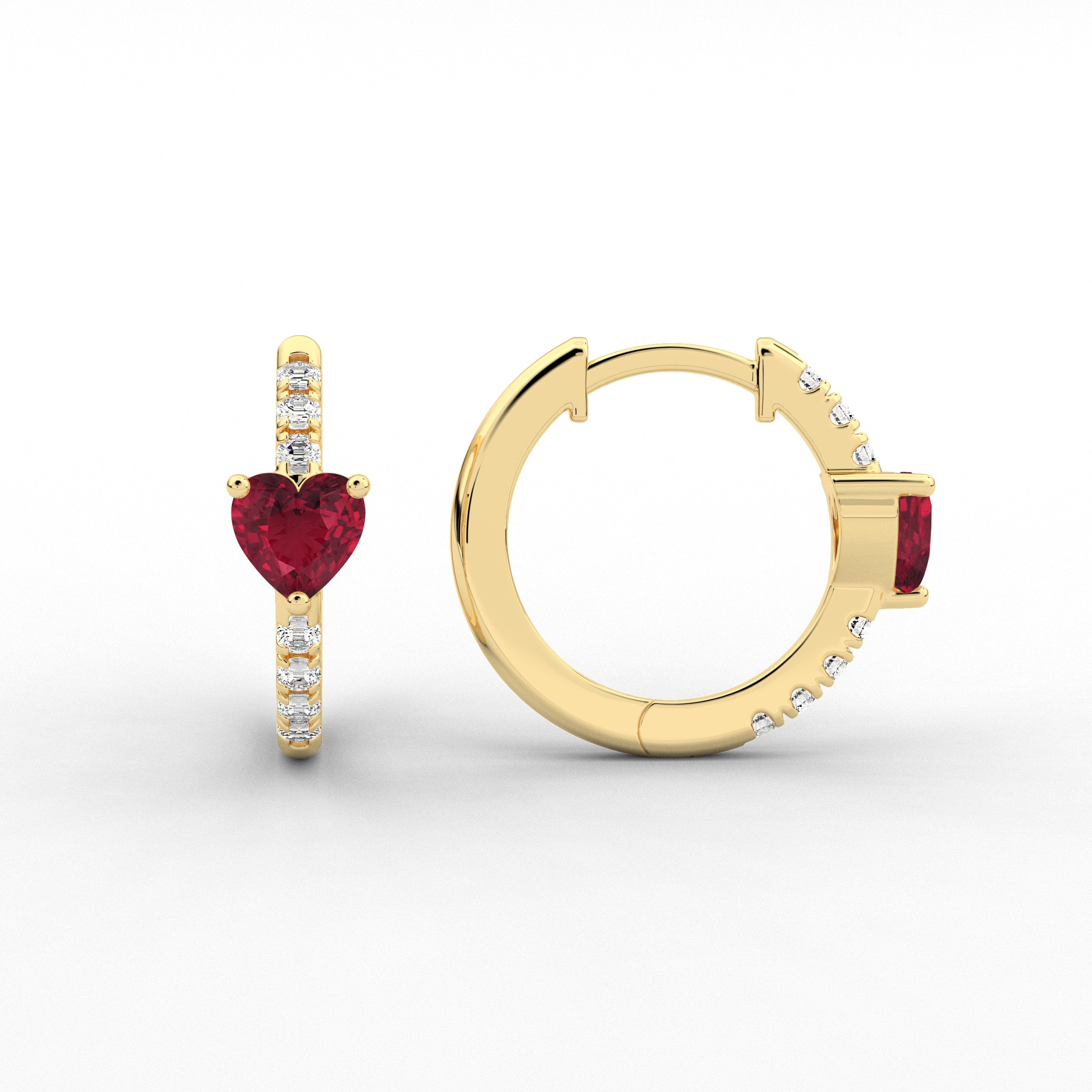 Heart And Ruby Cut Moissanite Diamond Cut Engagement Hoop Earring In Yellow Gold 