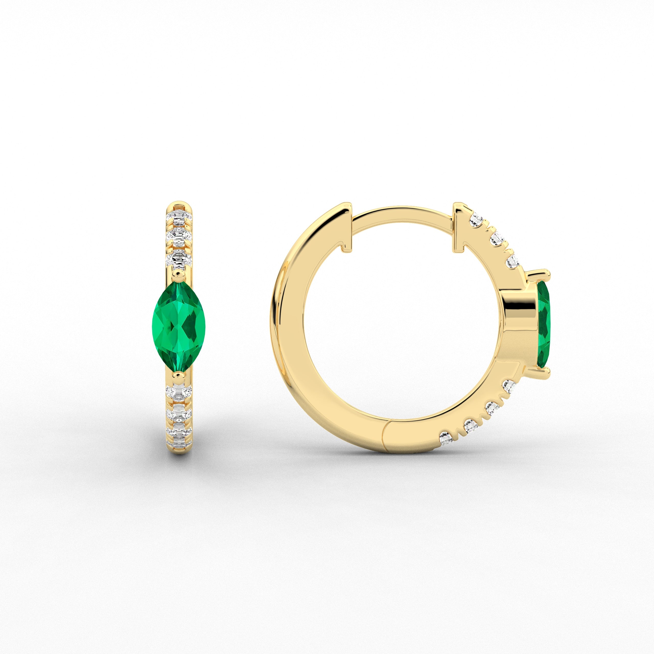 Yellow Gold Hoop Earring In Green Emerald And Marquise Cut Moissanite Diamond Engagement Gift 