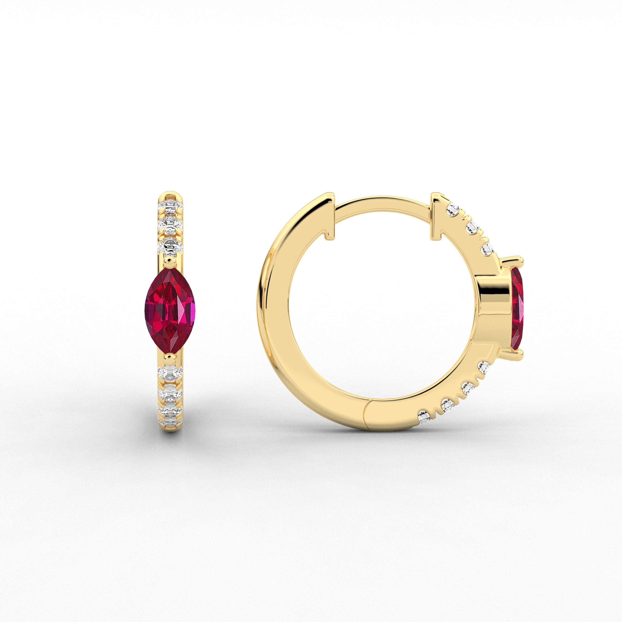 Marquise And Ruby  Moissanite Diamond Engagement Hoop earring In Yellow Gold