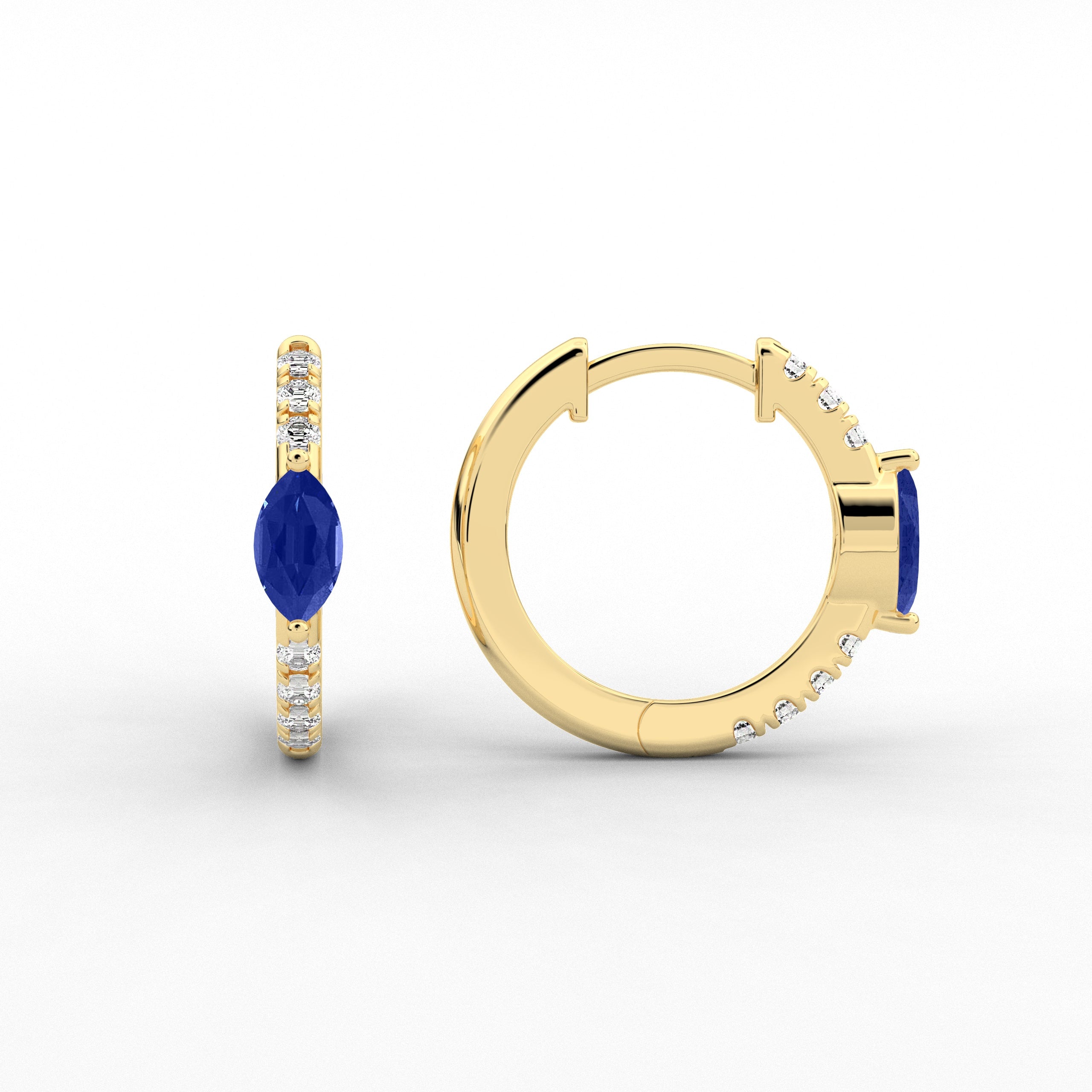 Marquise And Blue Sapphire Moissanite Diamond Engagement Hoop earring In Yellow Gold