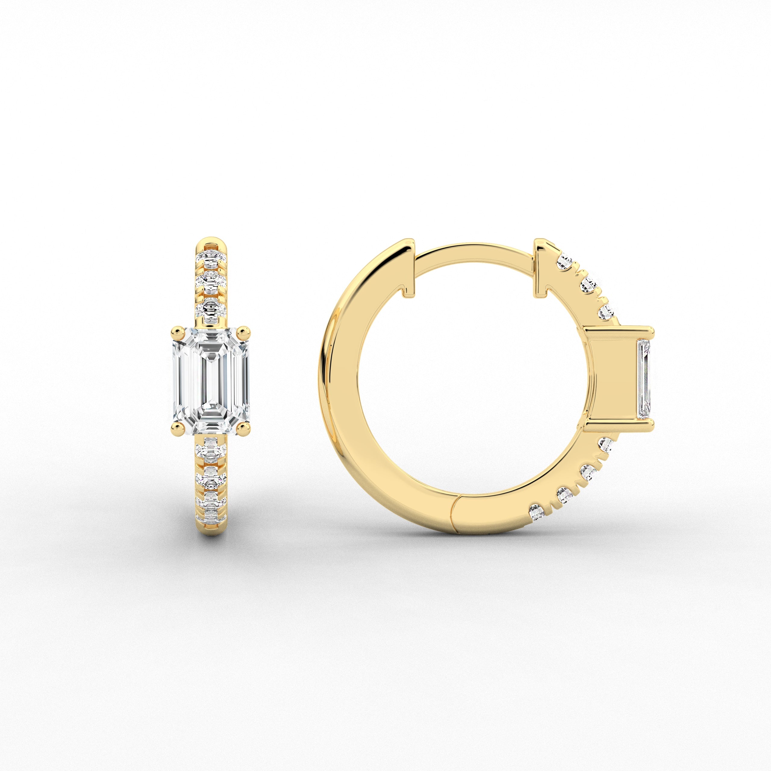 Yellow Gold Emerald Cut Engagement Earring Hoop