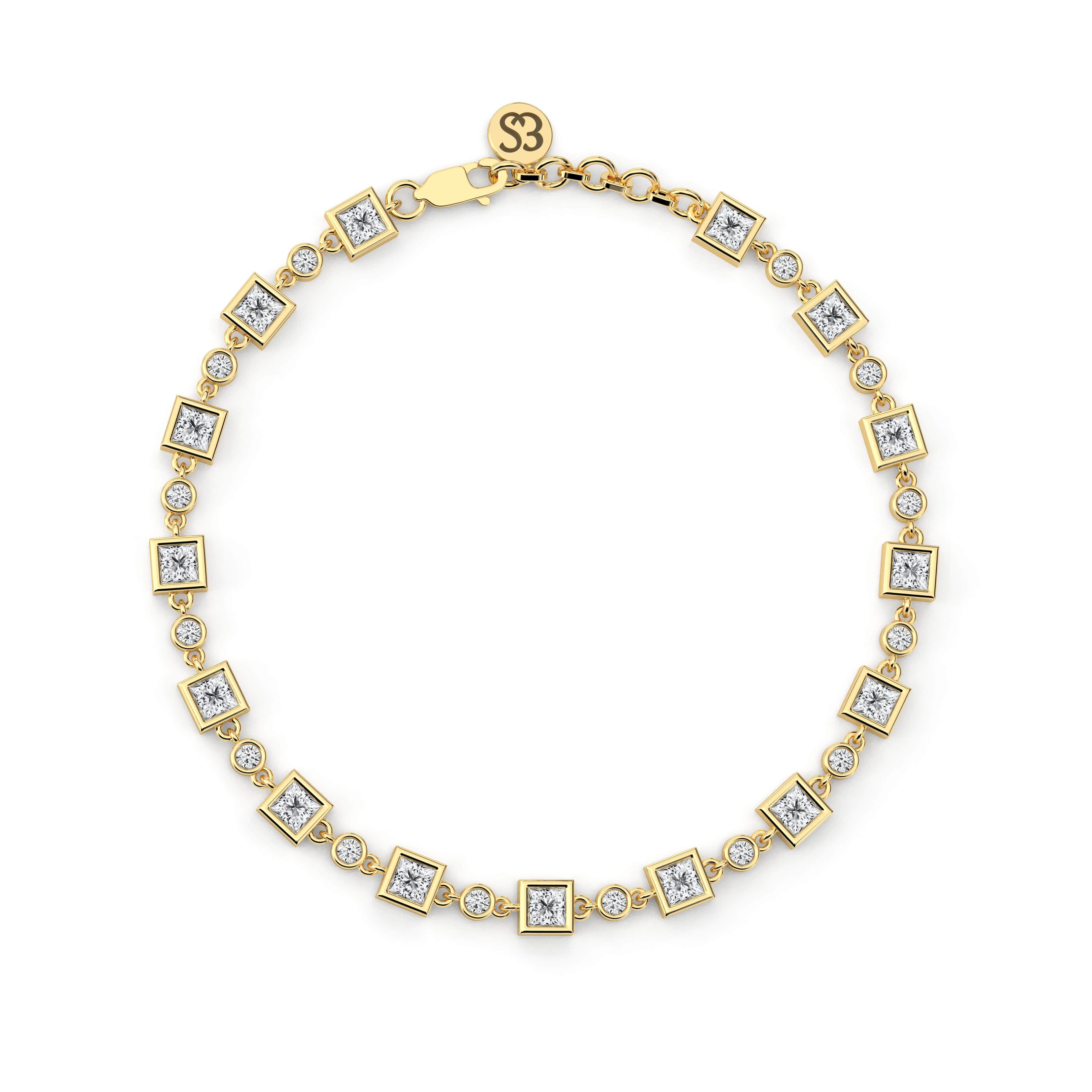 Princess And Round Shape Lab Grown Diamond Bracelet In Yellow Gold 