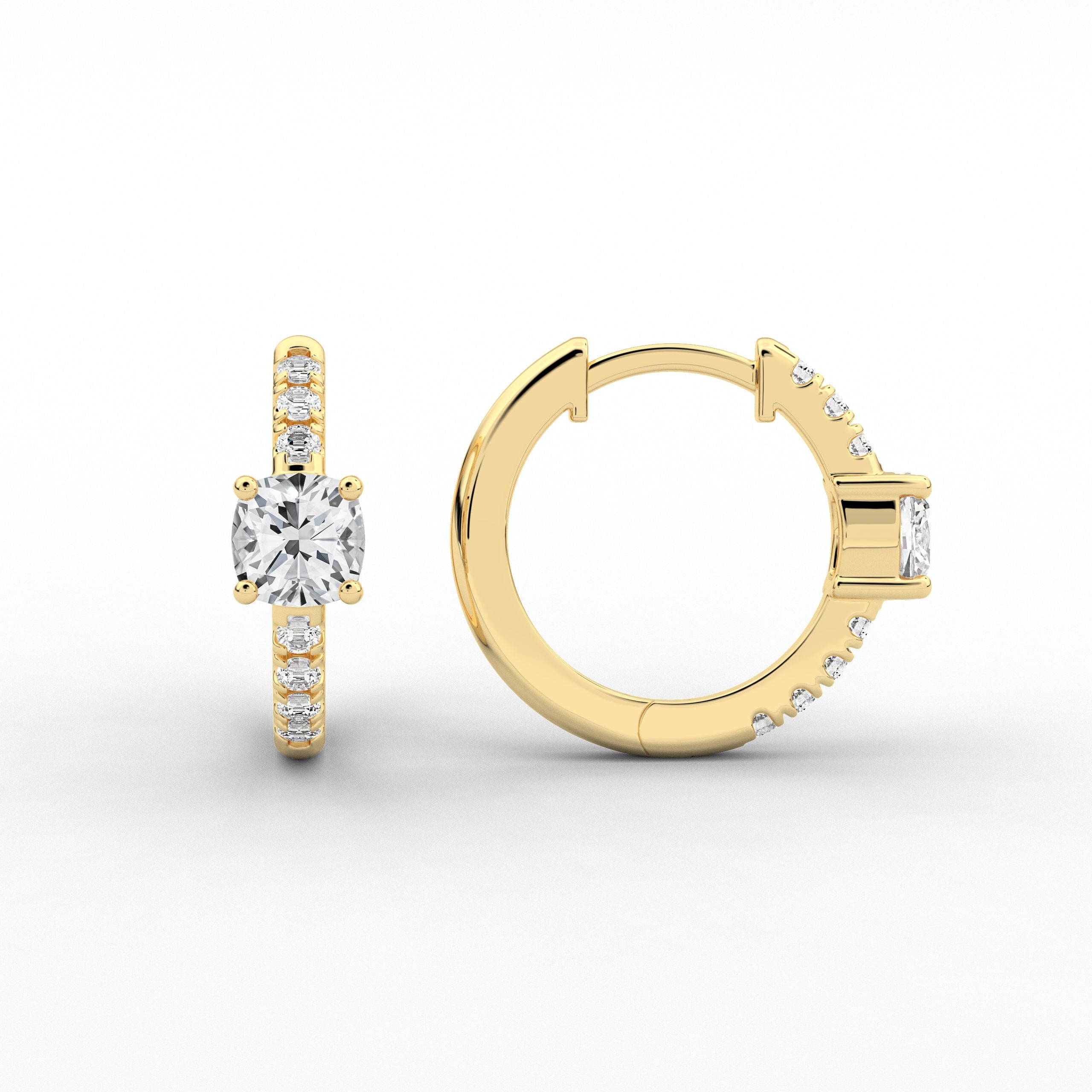 Yellow Gold Cushion Cut Diamond In Side Stones Round Hoops