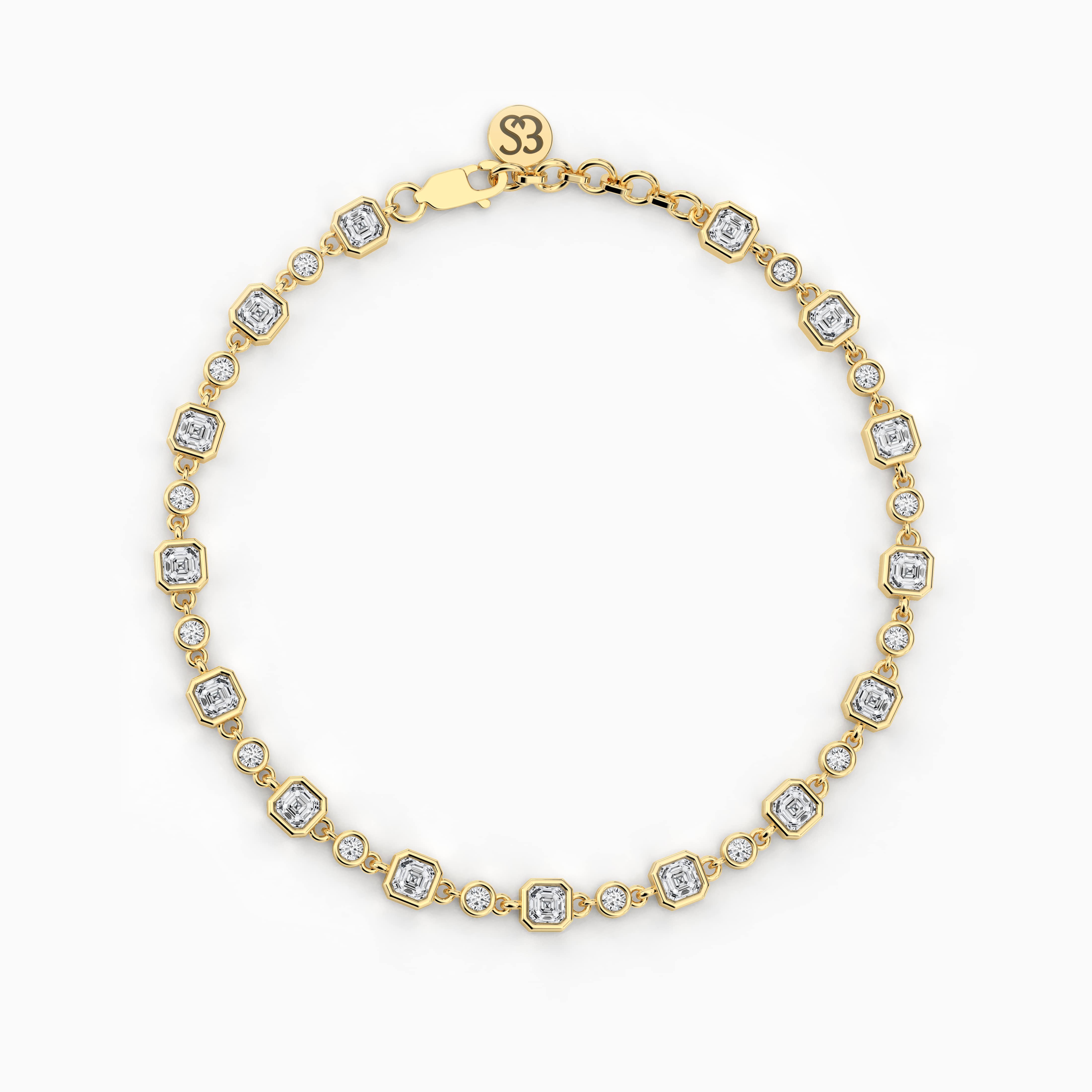 Yellow Gold  Moissanite Diamond Tennis Bracelet In  Asscher And Round For Woman 