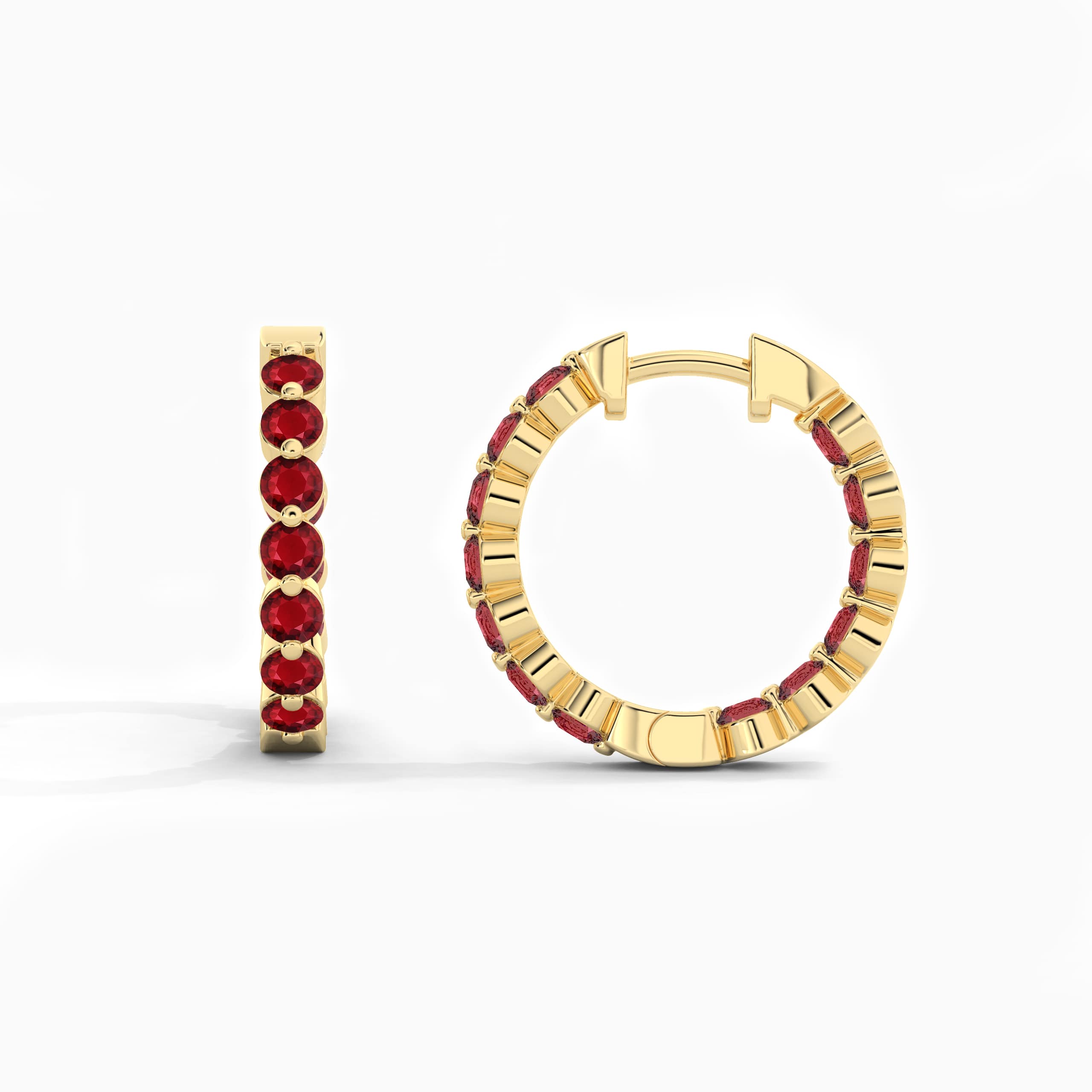 Yellow Gold Round Cut Ruby Hoop Earring 