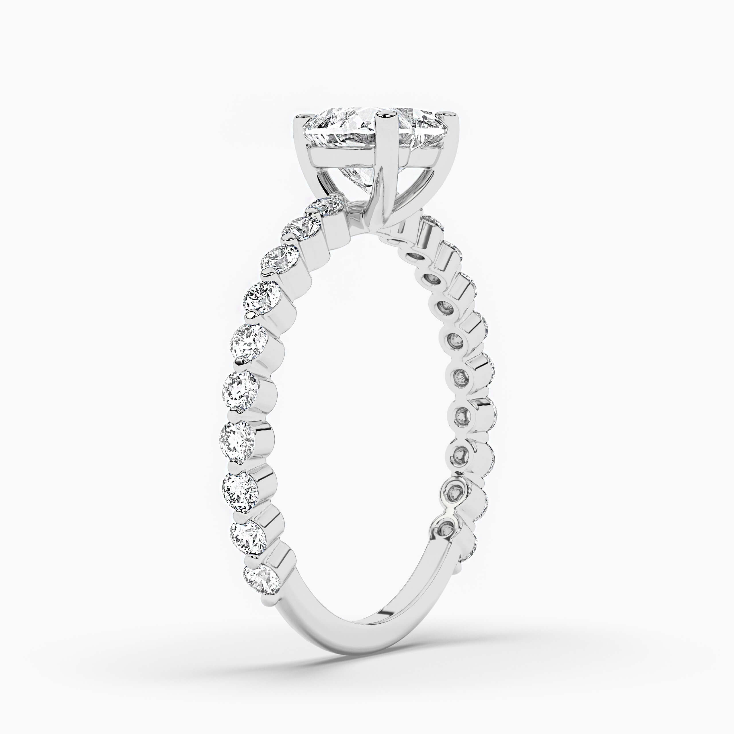 White Gold Side-Stone Engagement Ring with Heart Diamond