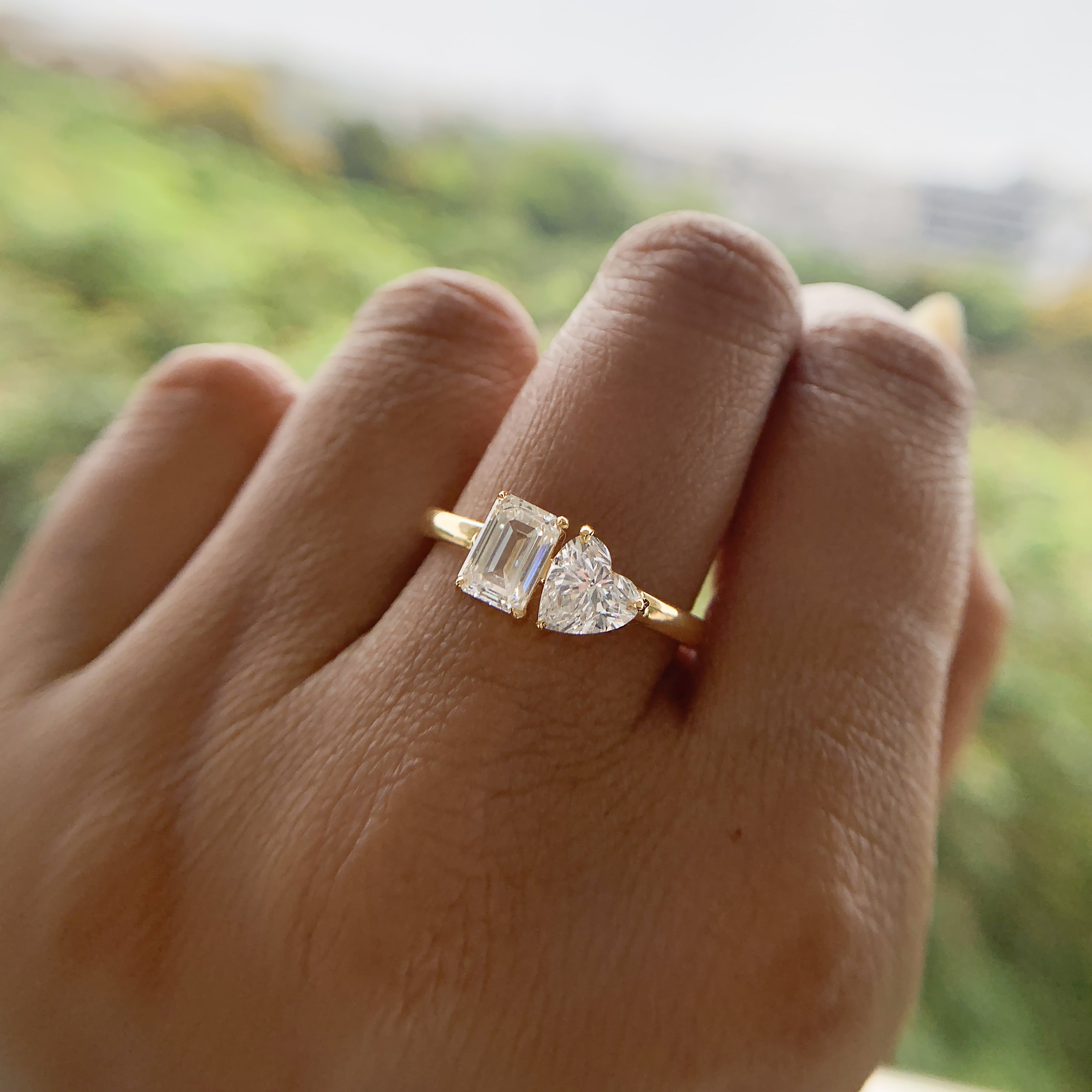 Yellow Gold Certified Emerald and Heart Two Stone Ring