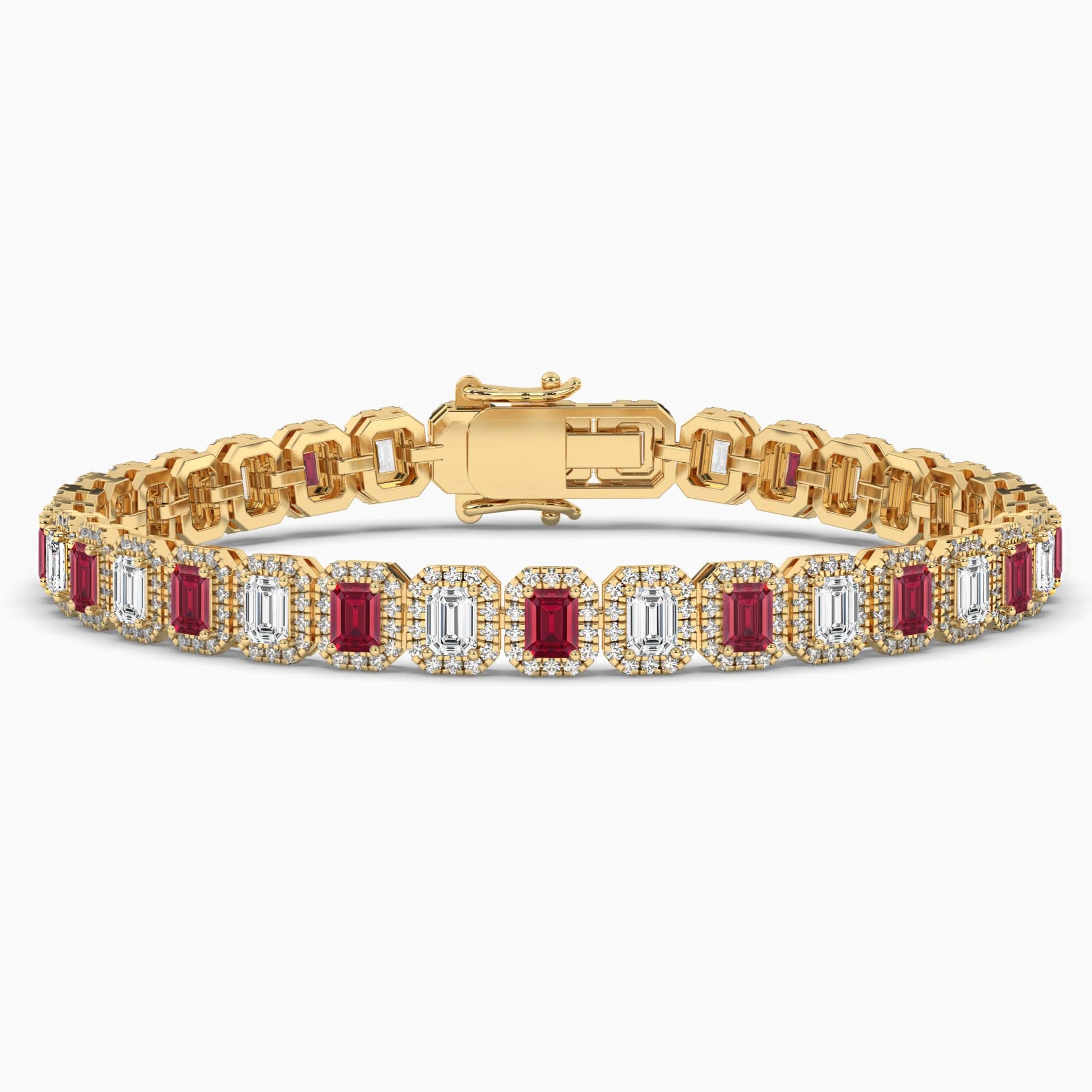 Ruby And Diamond Halo Bracelet In Yellow Gold 