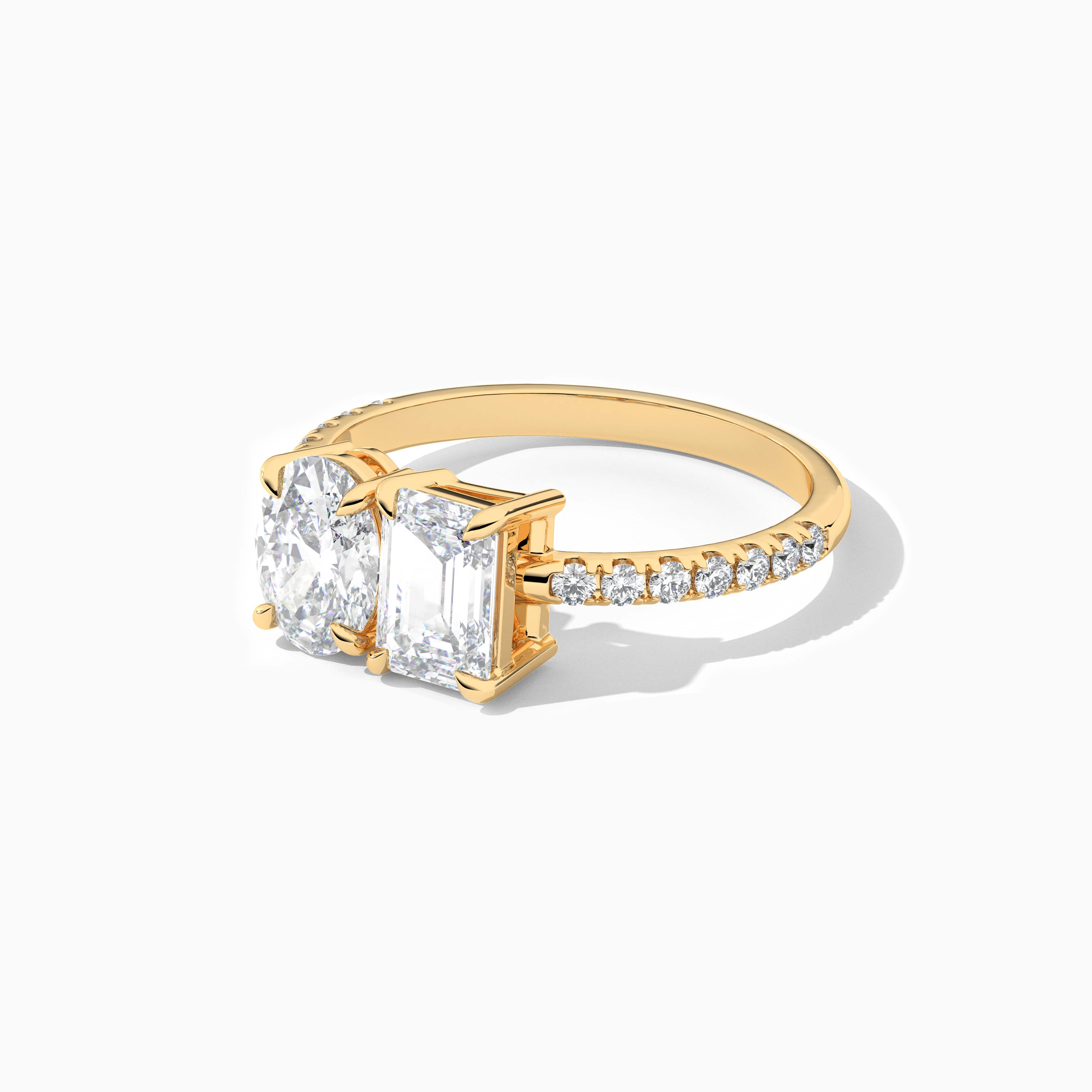 Toi Et Moi Ring Oval and Emerald Moissanite Diamond Engagement Ring In Yellow Gold