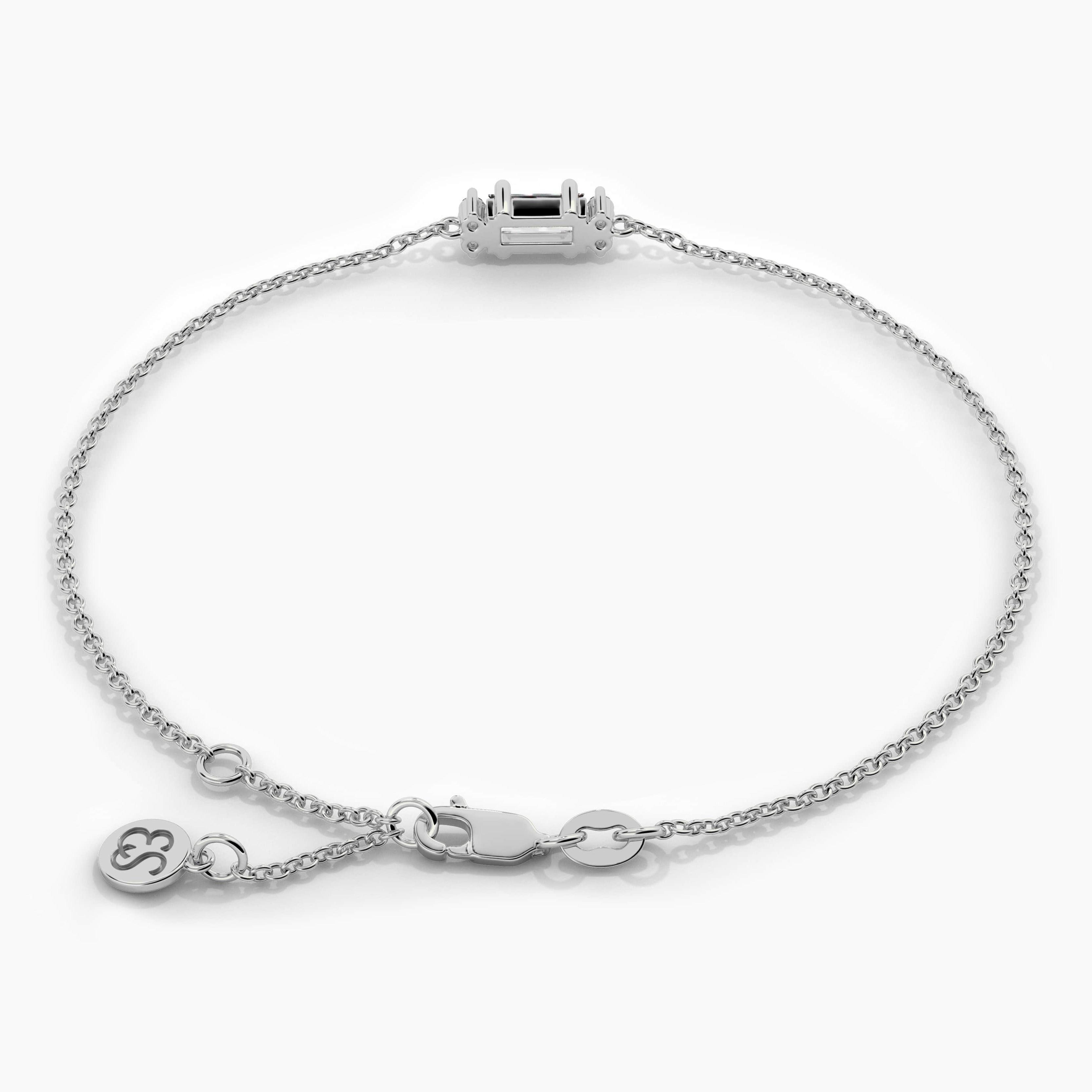 White Gold Round And Baguette Diamond Tiny Chain Bracelet 