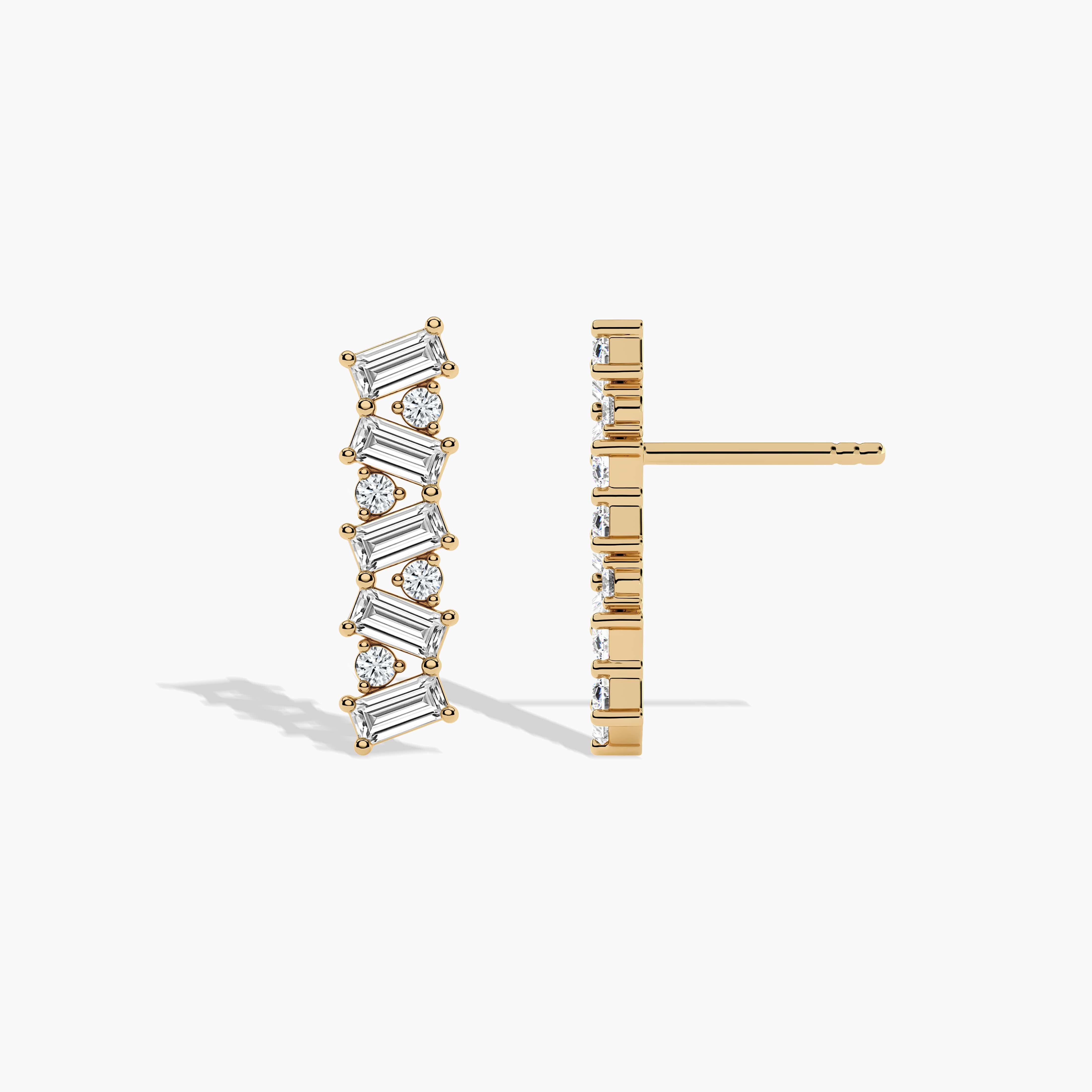 Yellow Gold Baguette and Round Bar Stud Earrings