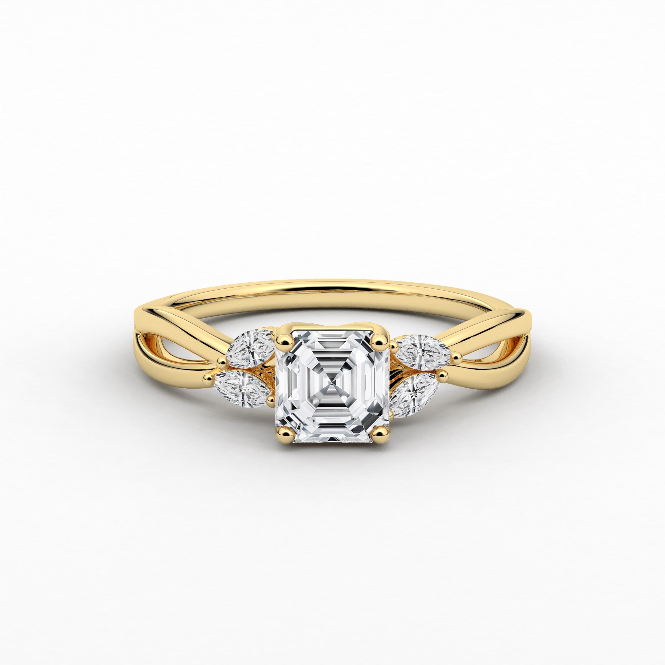 Asscher Cut Marquise Side Stones Twist Engagement Ring In Yellow Gold