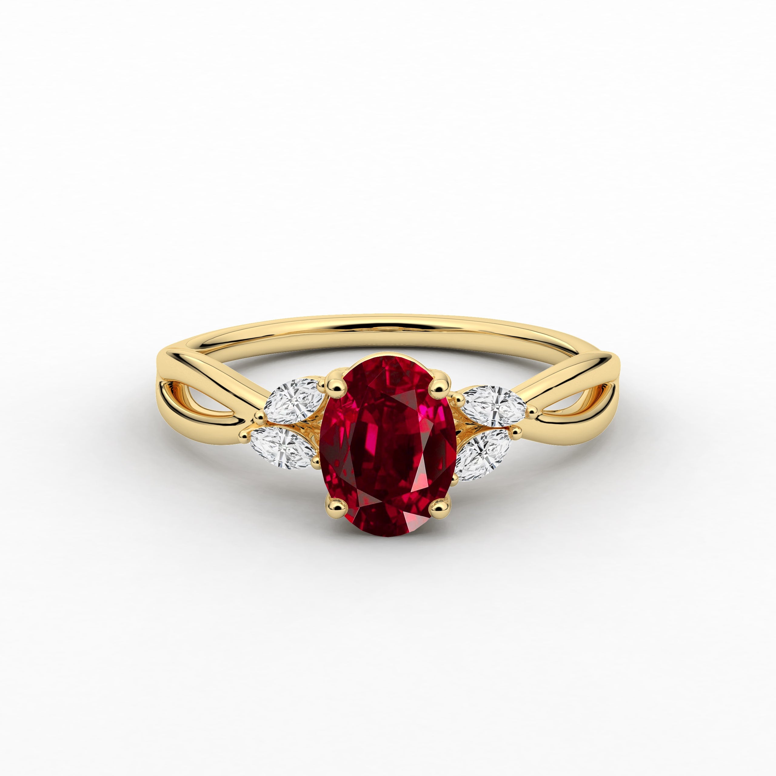 Oval Cut Ruby Diamond Engagement Ring In Nature Inspired Ring In Yellow Gold 