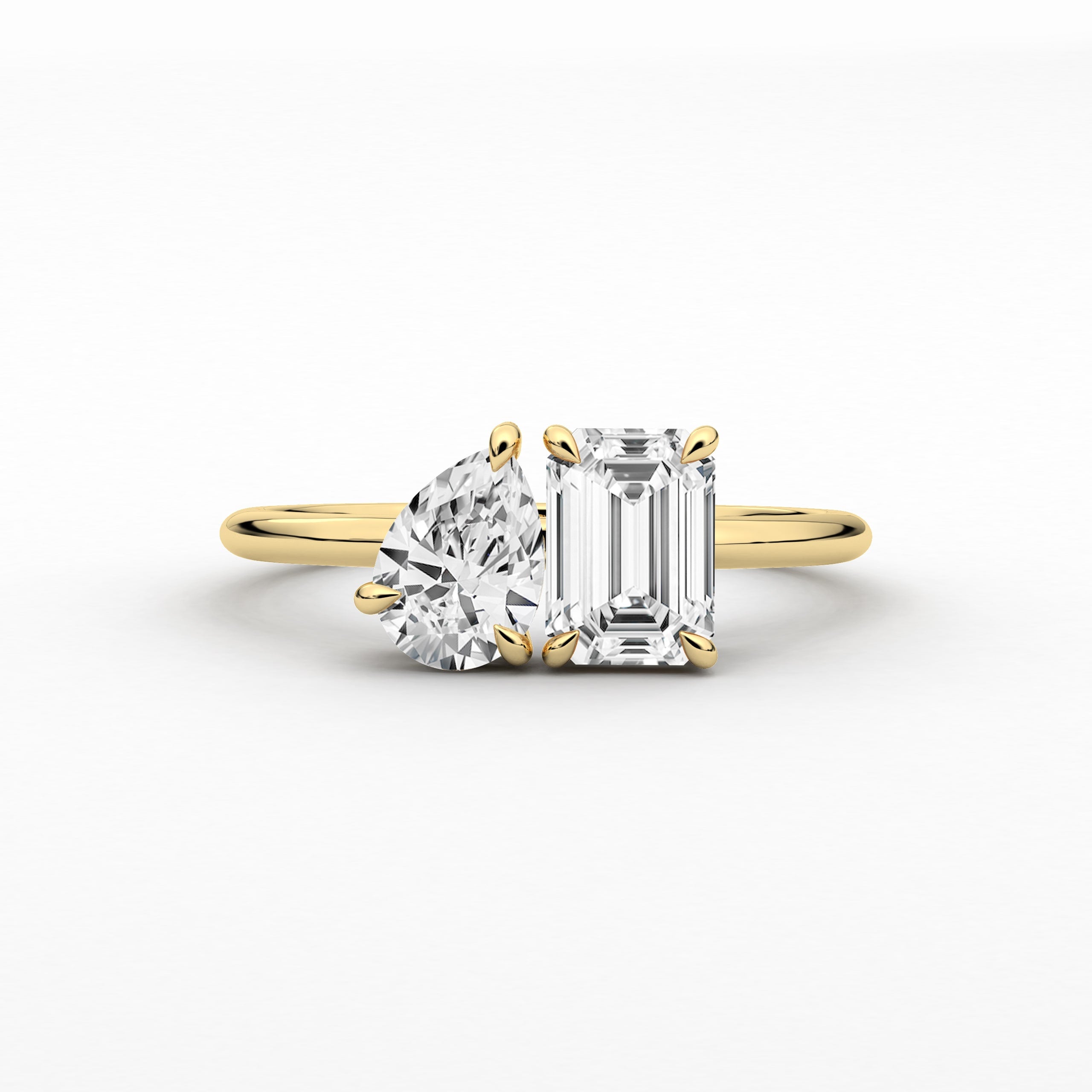 Pear and Emerald Cut Moissanite Toi Et Moi Ring In Yellow Gold 