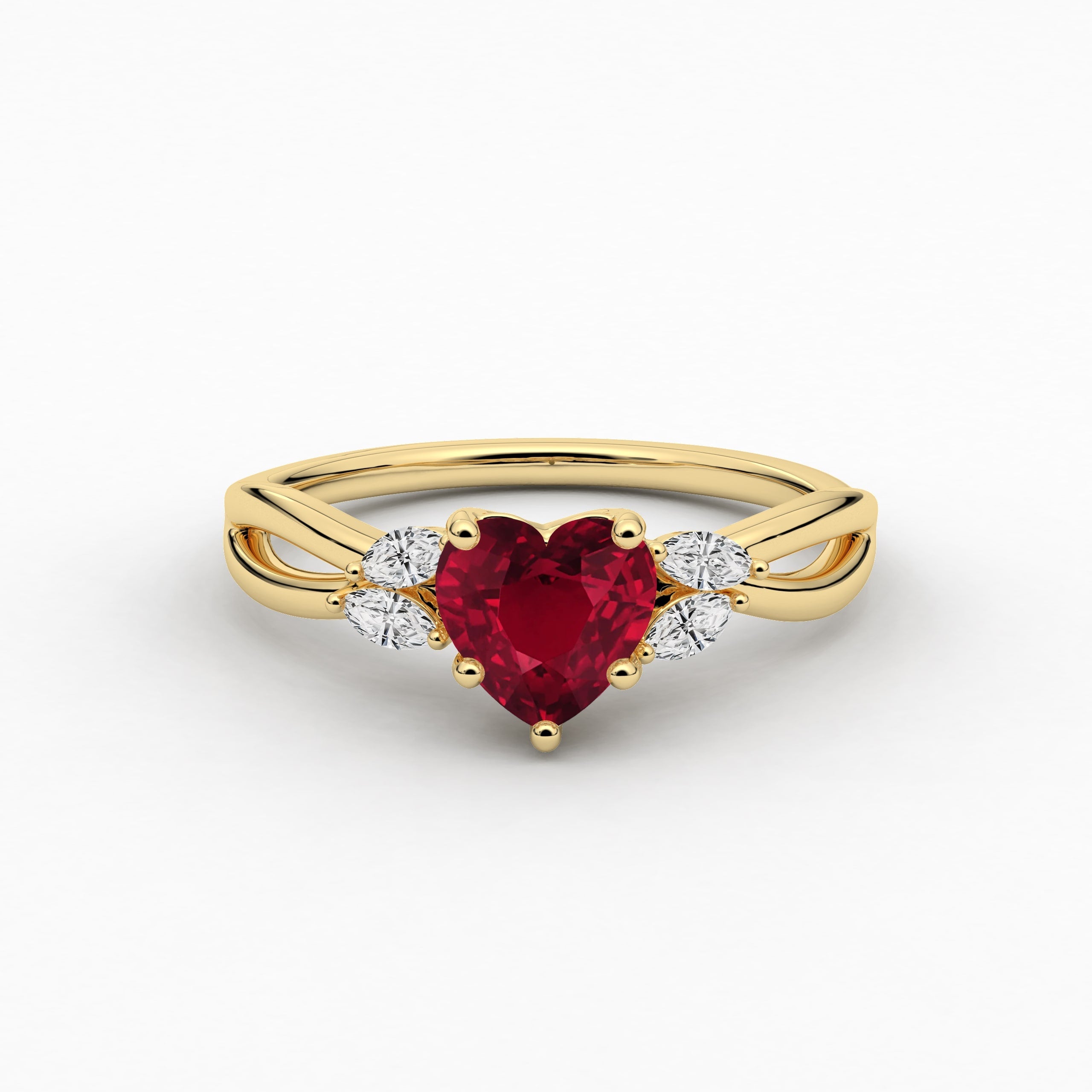 Heart Shape Ruby Lab Grown Diamond In Nature Inspired Engagement Ring In Yellow Gold 