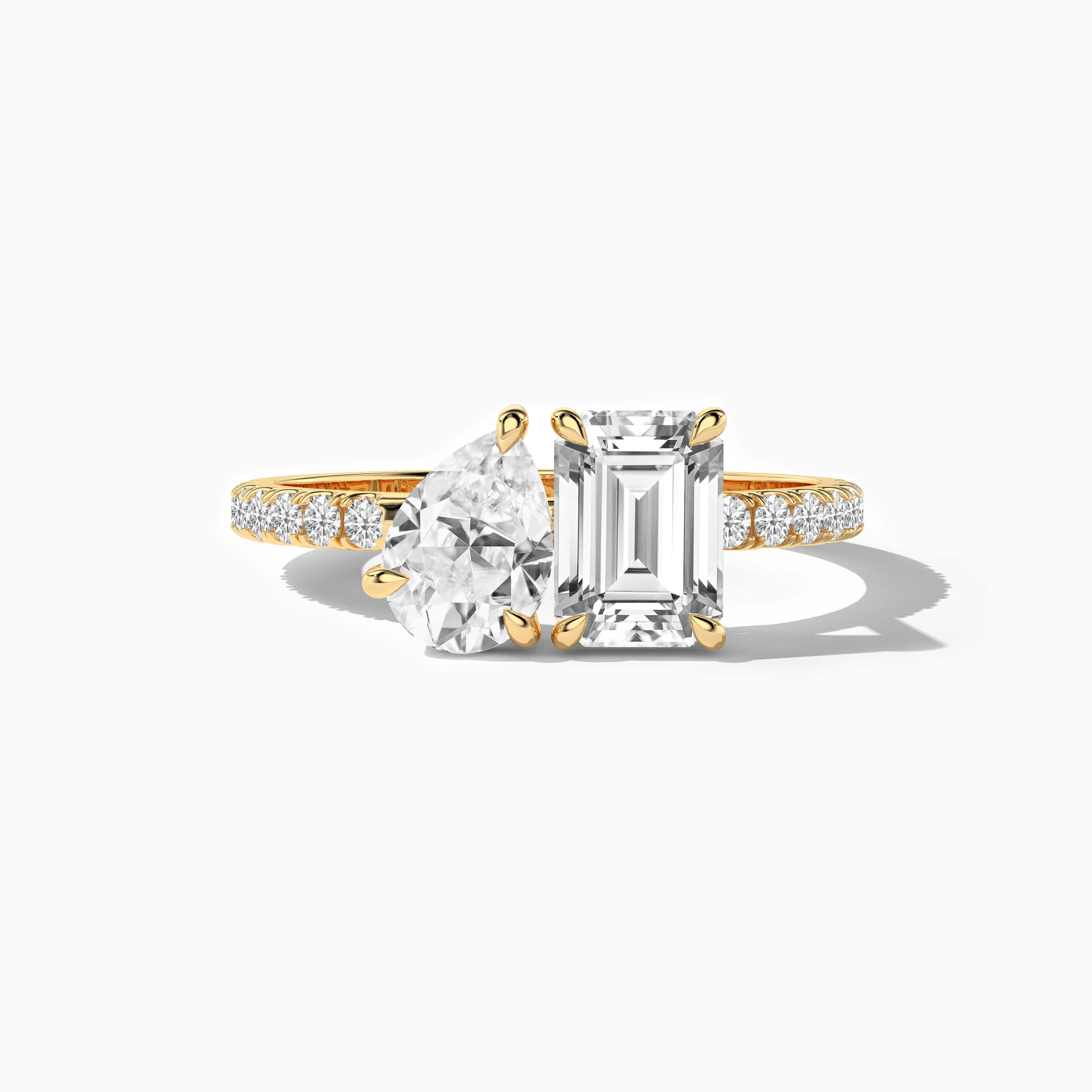 Pear and Emerald Cut Moissanite Toi Et Moi Ring In Yellow Gold