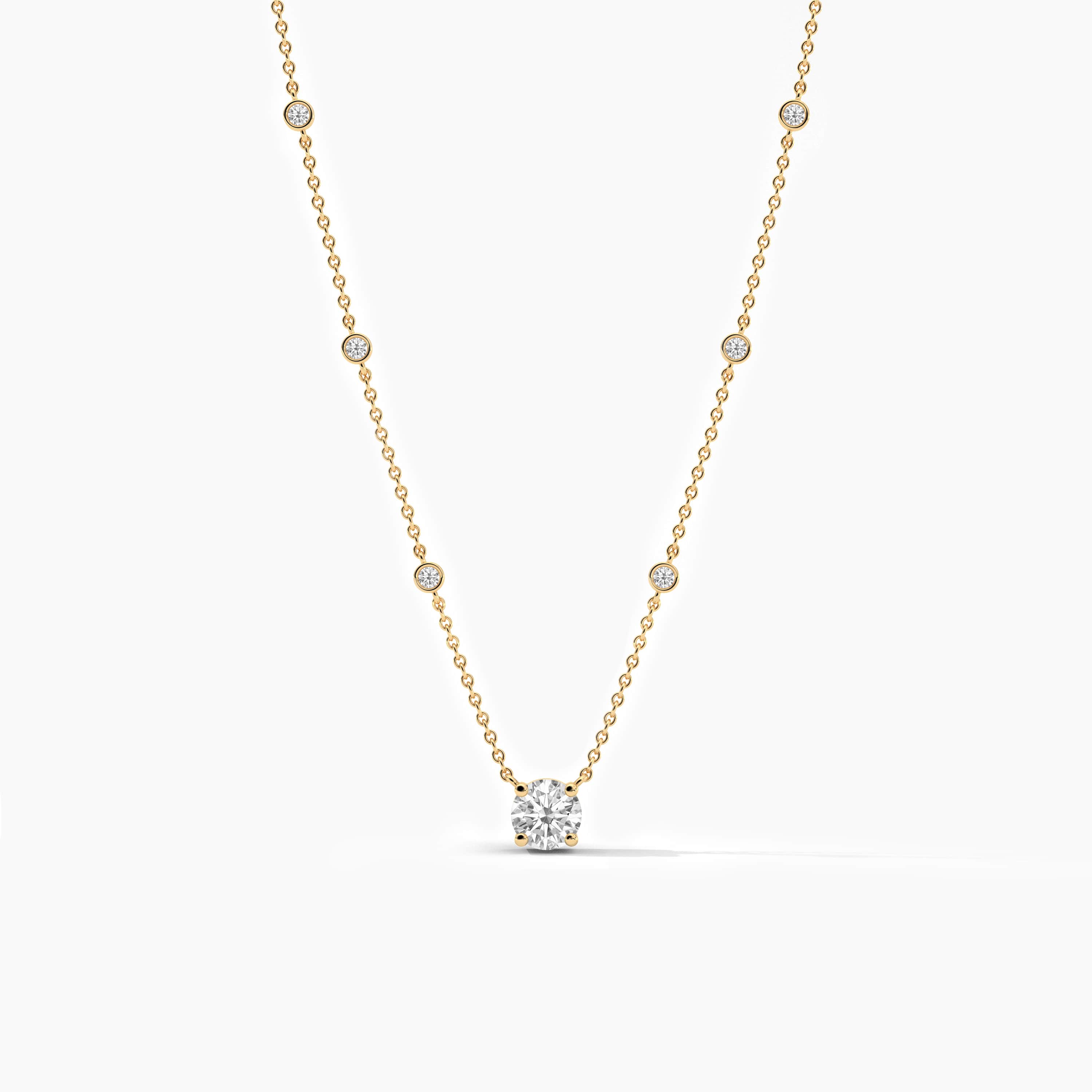 14K Yellow Gold Round Cut Diamond Station Necklace