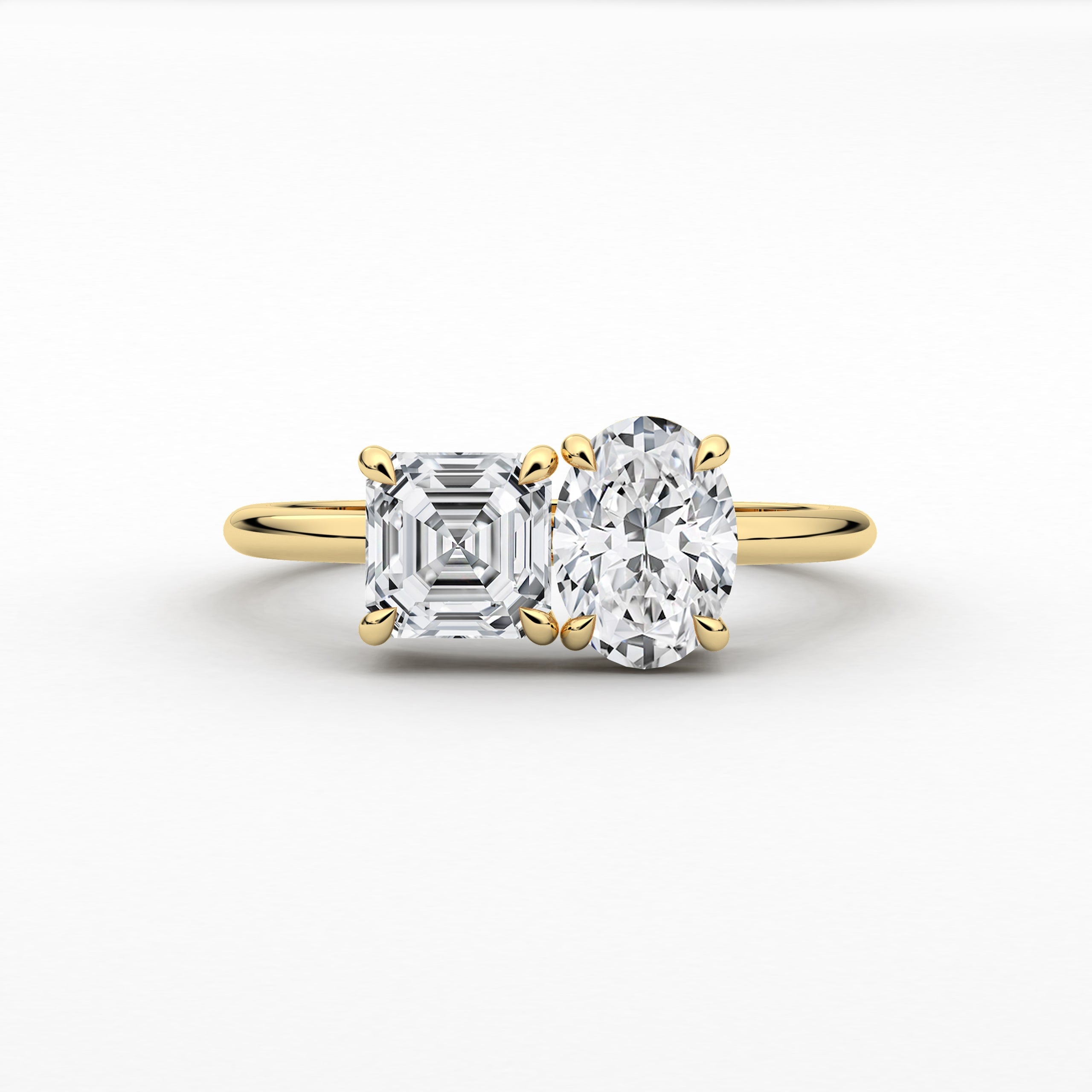 Toi Et Moi Asscher & Oval moissanite diamond two stone Engagement In Yellow Gold