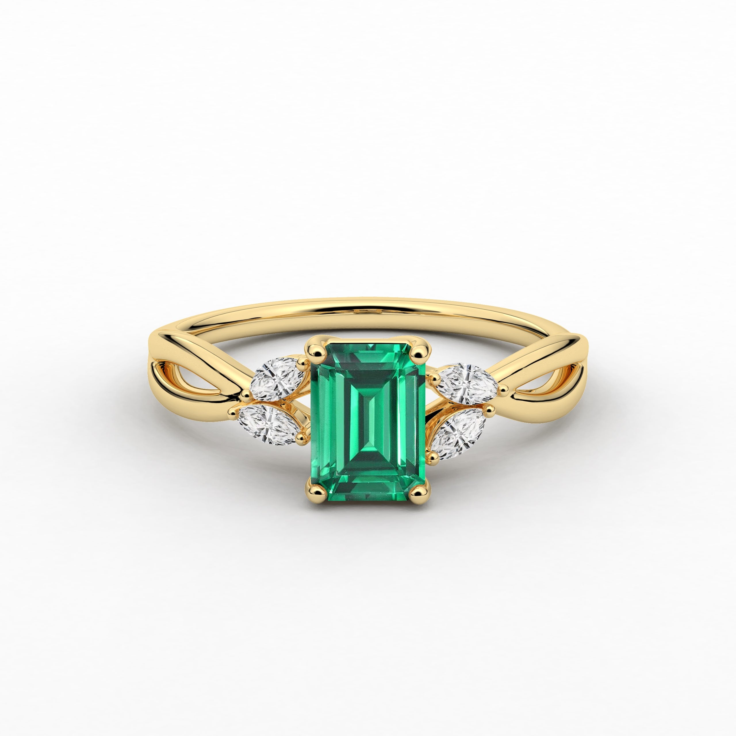 Green Lab Emerald Ring, Unique Nature Inspired Engagement ring in yellow gold