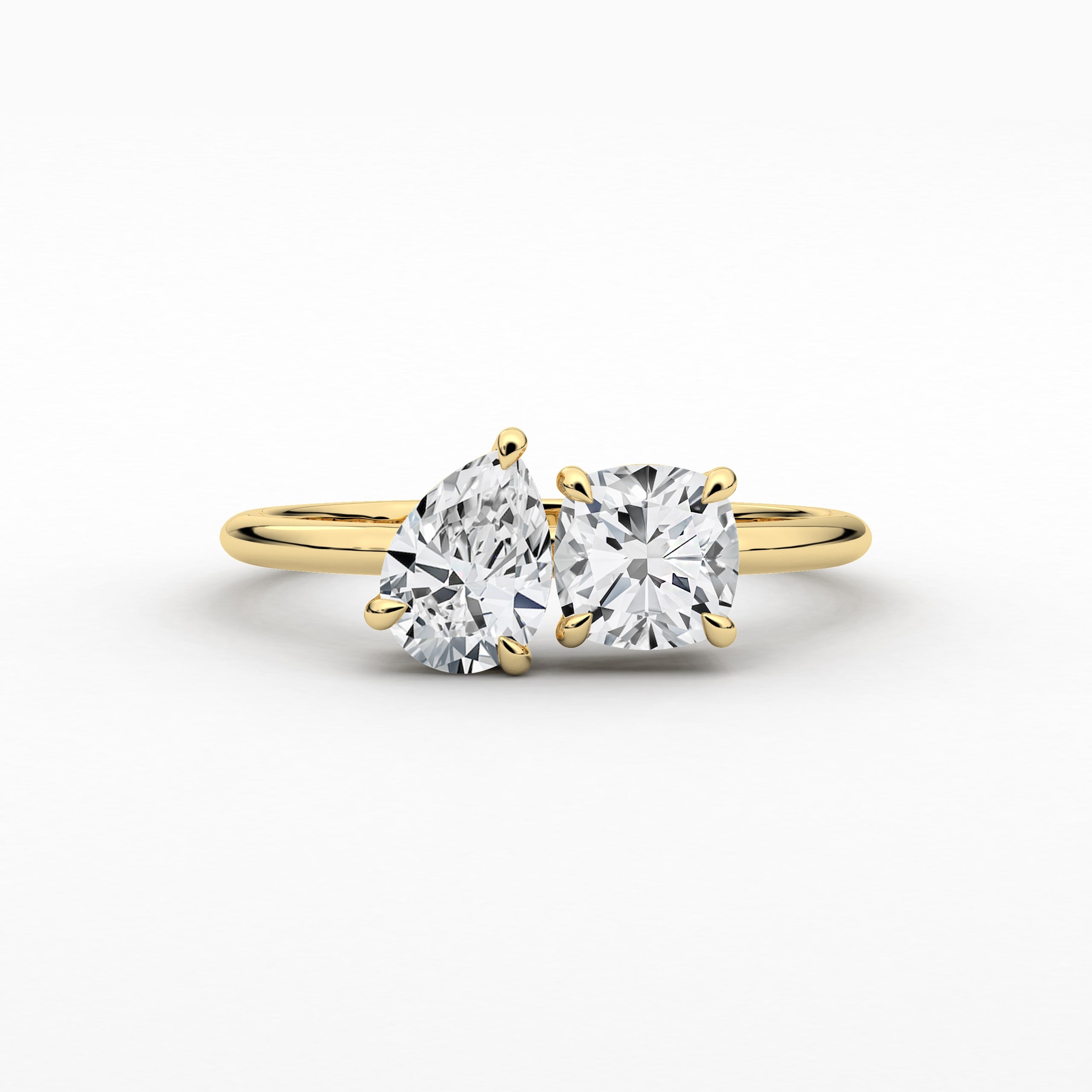 Pear & Cushion Moissanite Toi Et Moi Engagement Ring In Yellow Gold