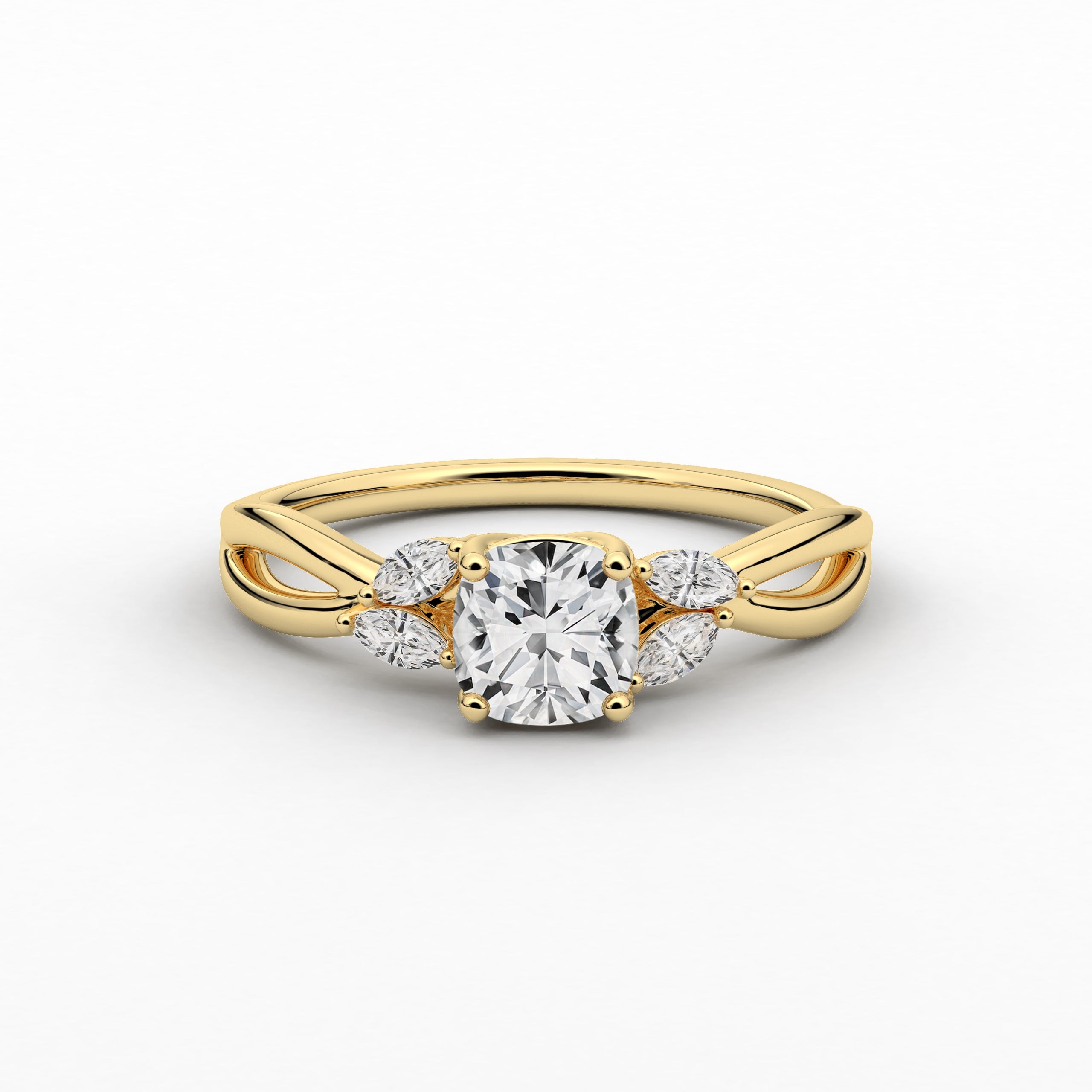 Cushion Cut Marquise Diamond Engagement Ring In Yellow Gold