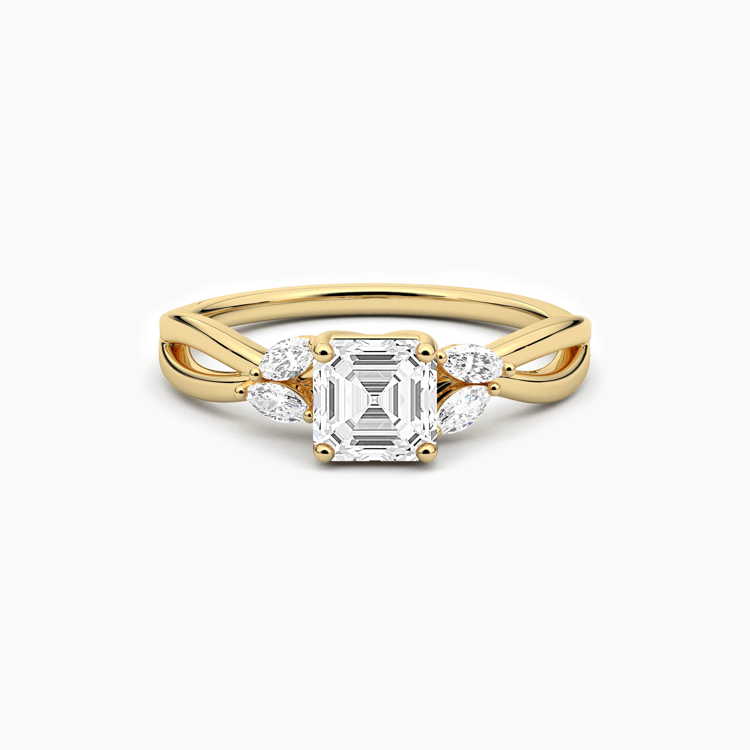 Asscher Cut Marquise Side Stones Twist Engagement Ring In Yellow Gold