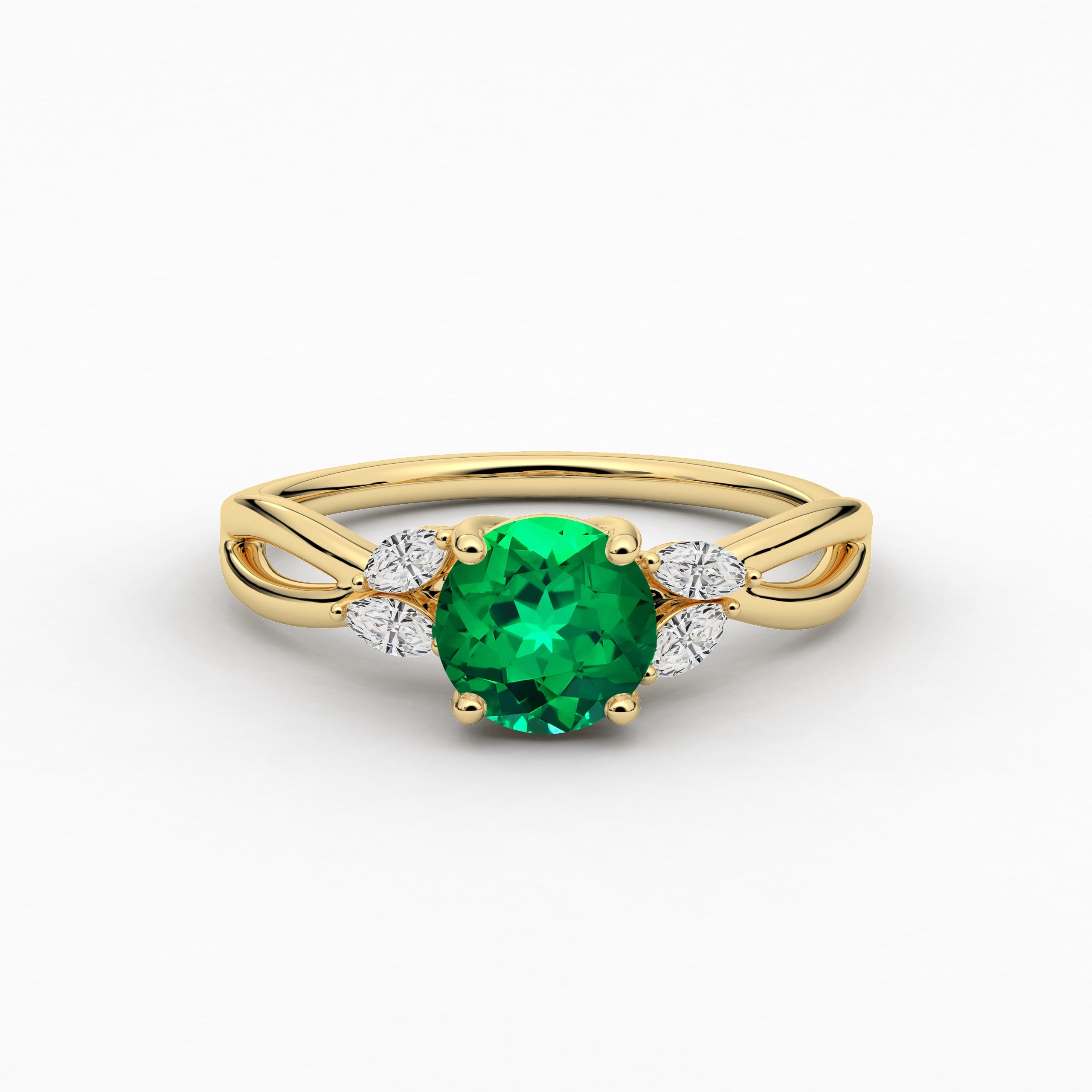 Yellow Gold Round Cut Green Emerald Lab Grown  Diamond Nature Inspired Ring For Woman