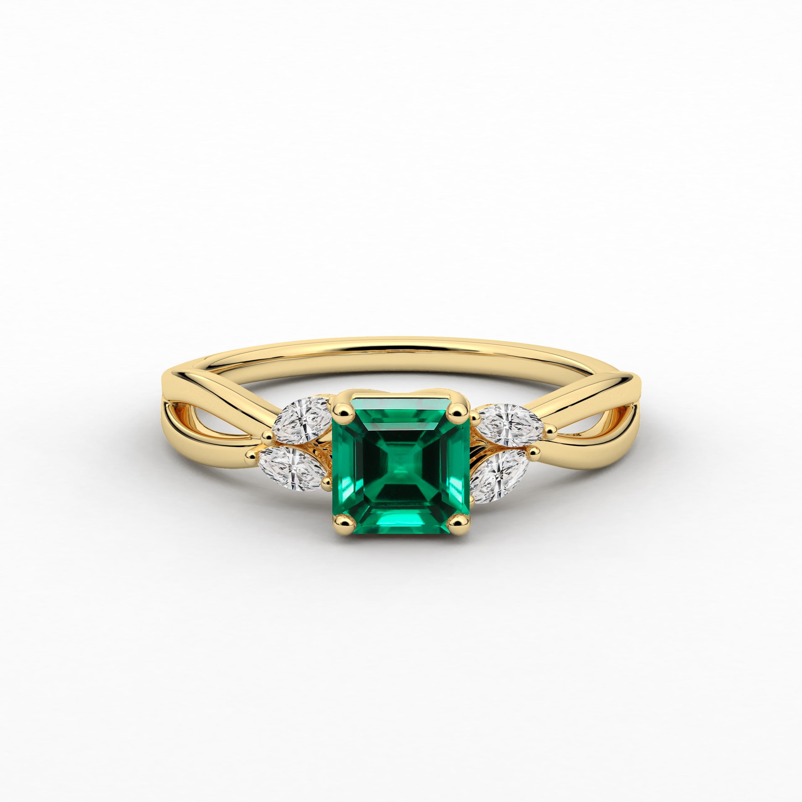 Green Lab Emerald Ring, Unique Nature Inspired Engagement ring in yellow gold 
