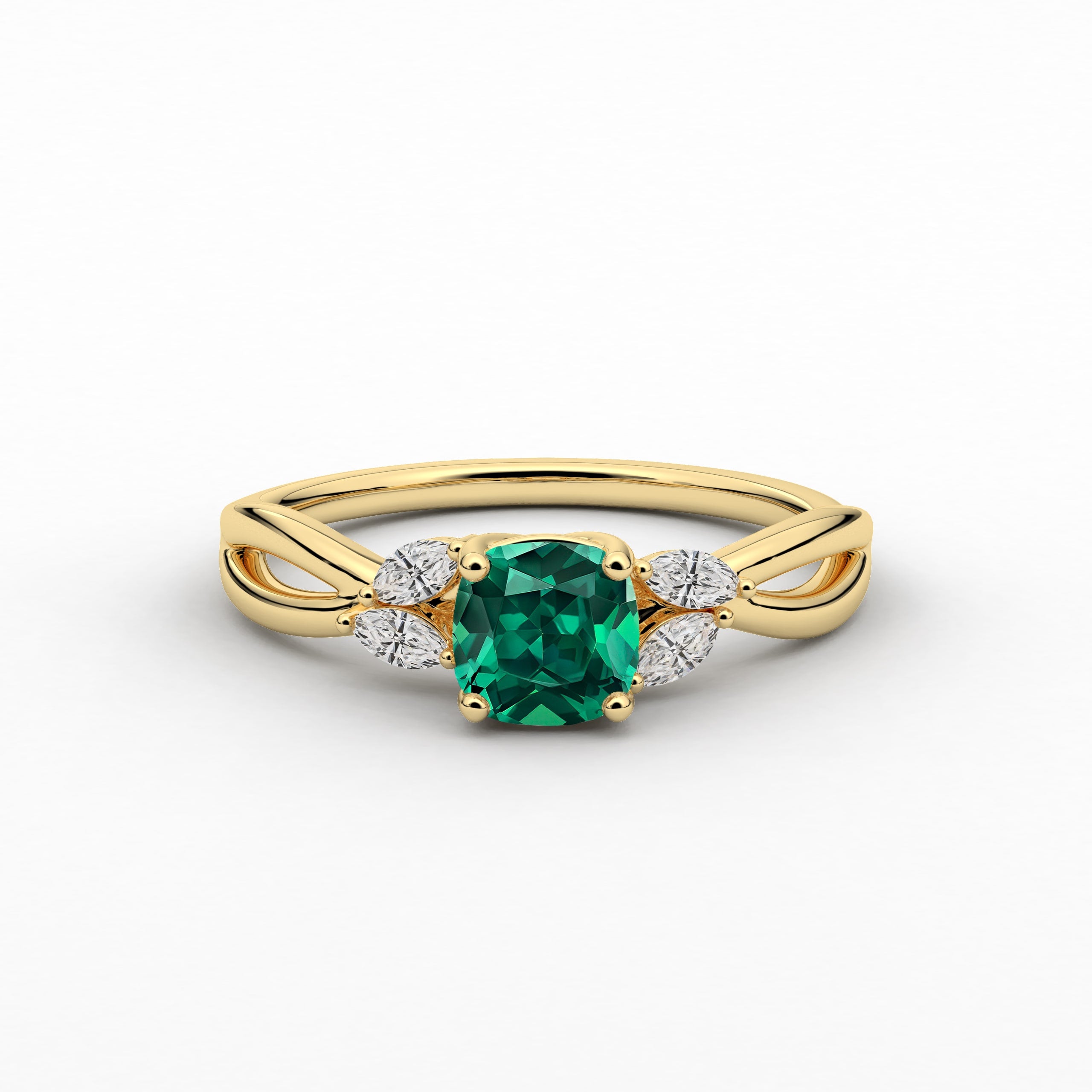 Cushion Cut Green Emerald Moissanite Diamond Engagement Ring In Yellow Gold