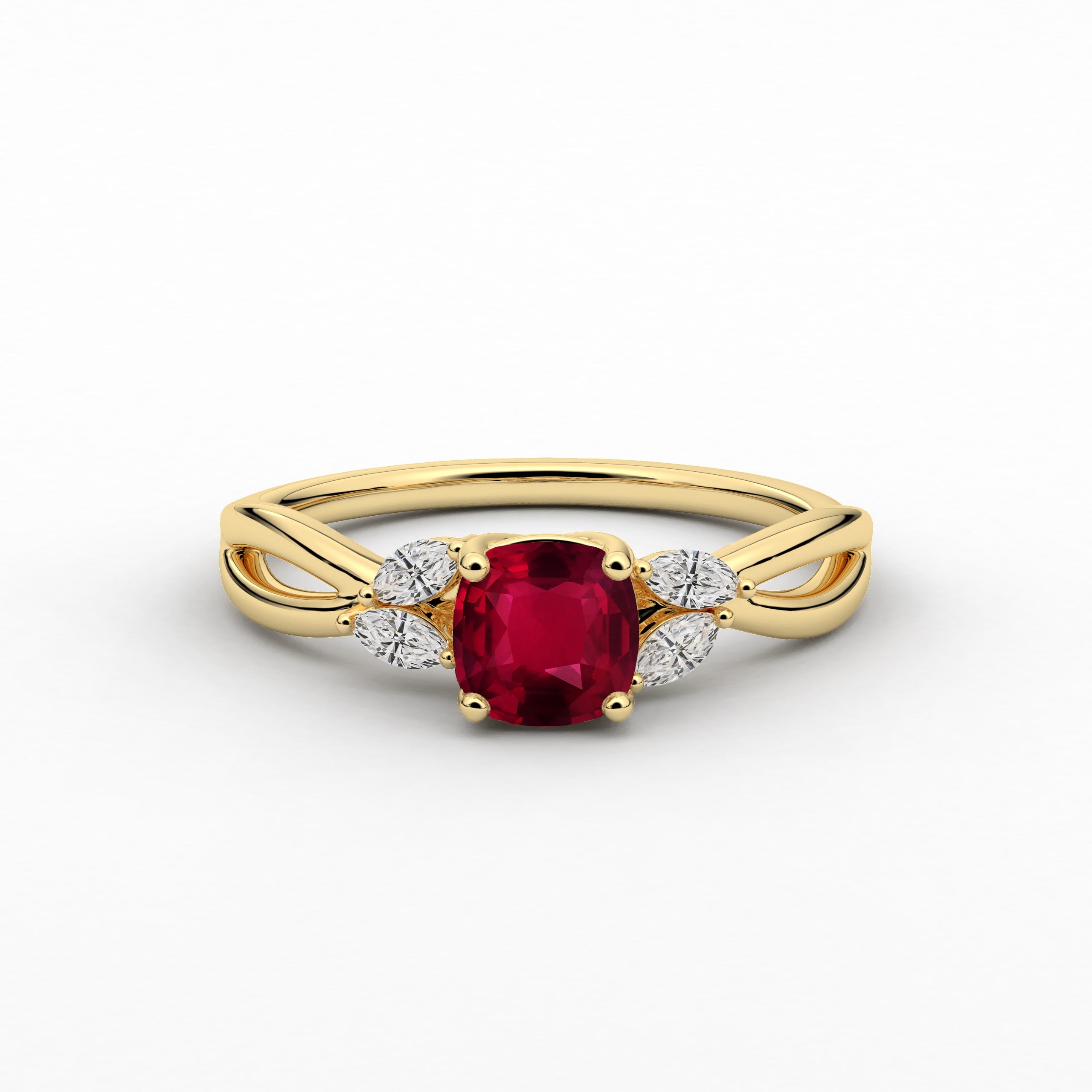 Nature Inspired Cushion Cut Ruby Moissanite Diamond Engagement Ring In Yellow Gold For Woman