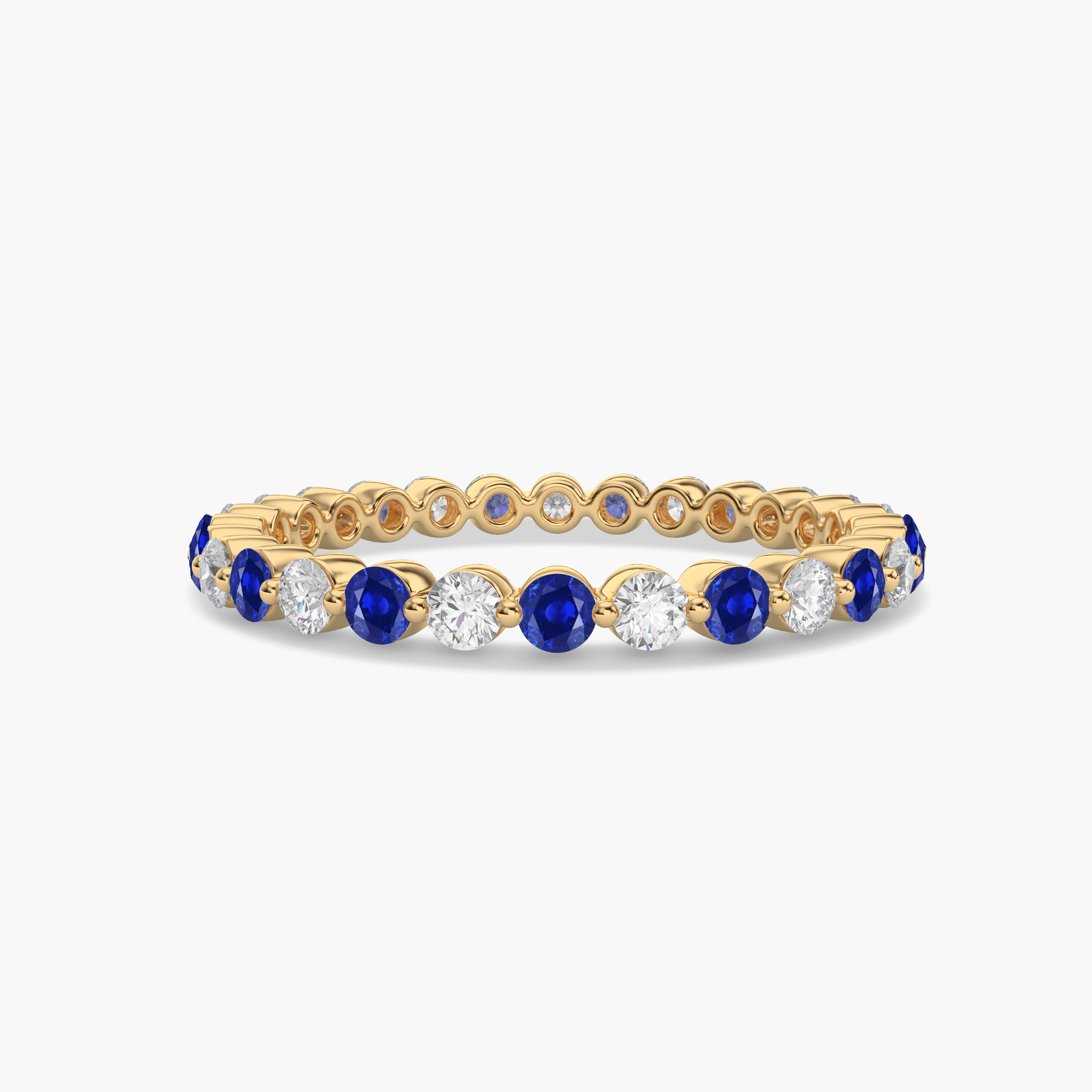 Round Cut Blue Sapphire Diamond Yellow Gold Anniversary Wedding Band Ring