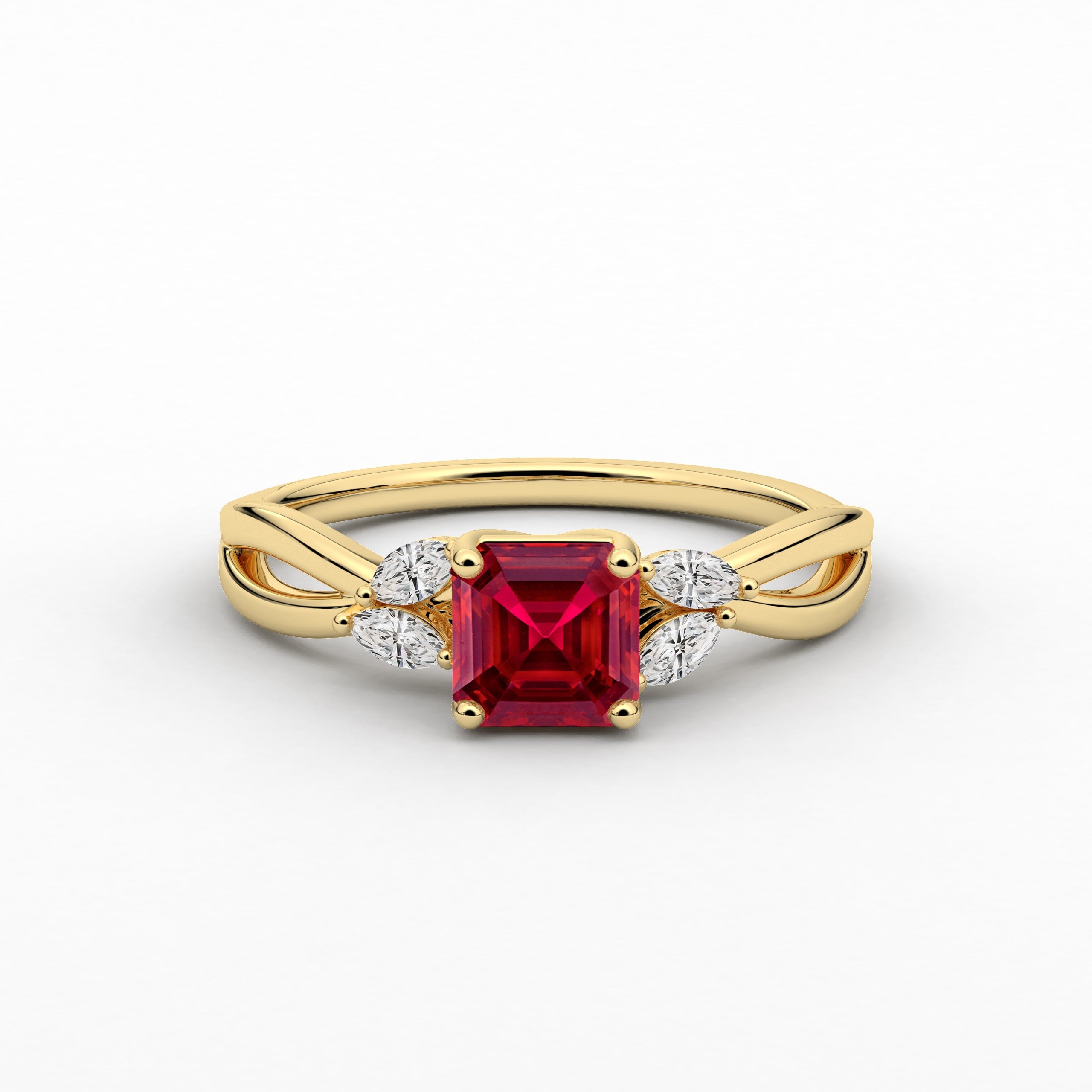 Nature Inspired Engagement Ring In Asscher Cut Ruby Moissanite Diamond  In Yellow Gold