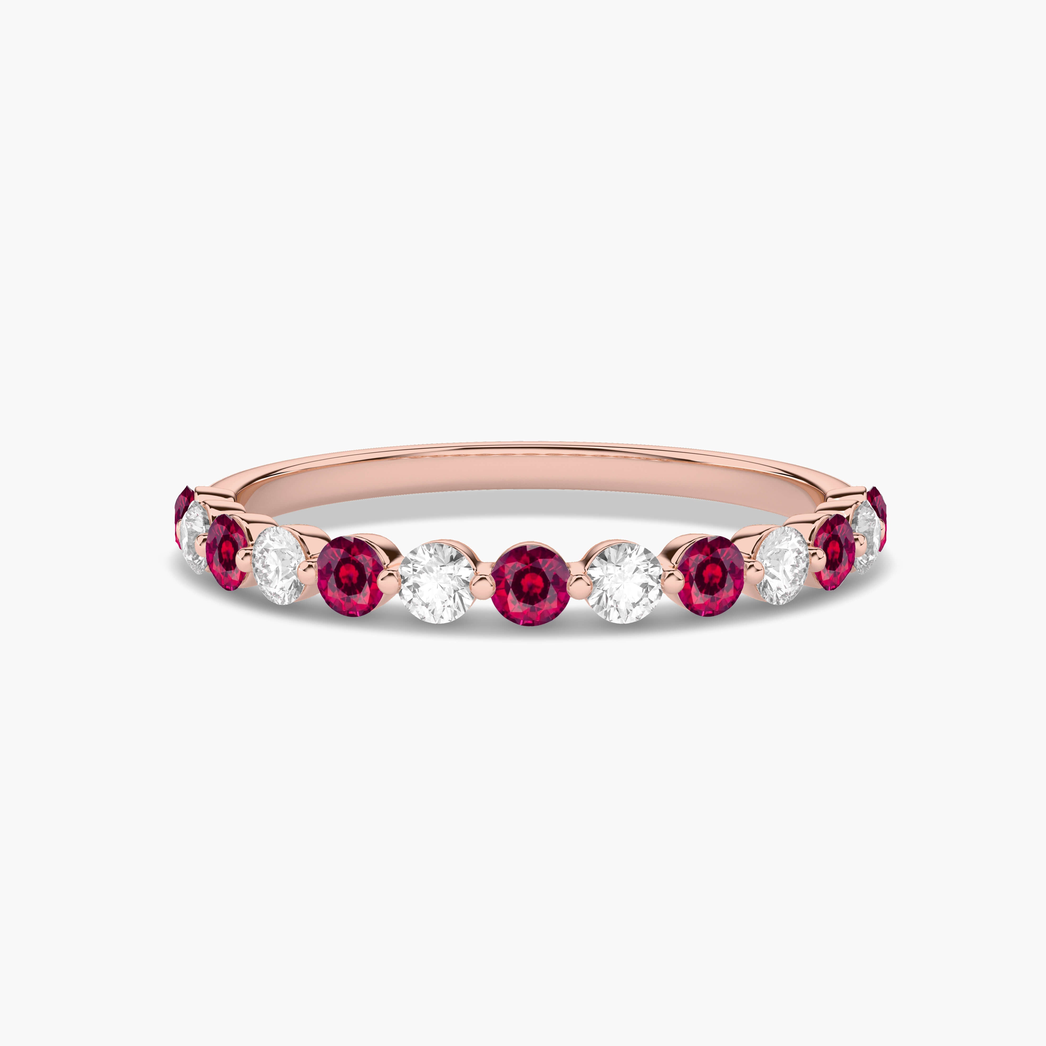 Round Cut Red Ruby & Diamond Half Eternity Wedding Ring In Rose Gold