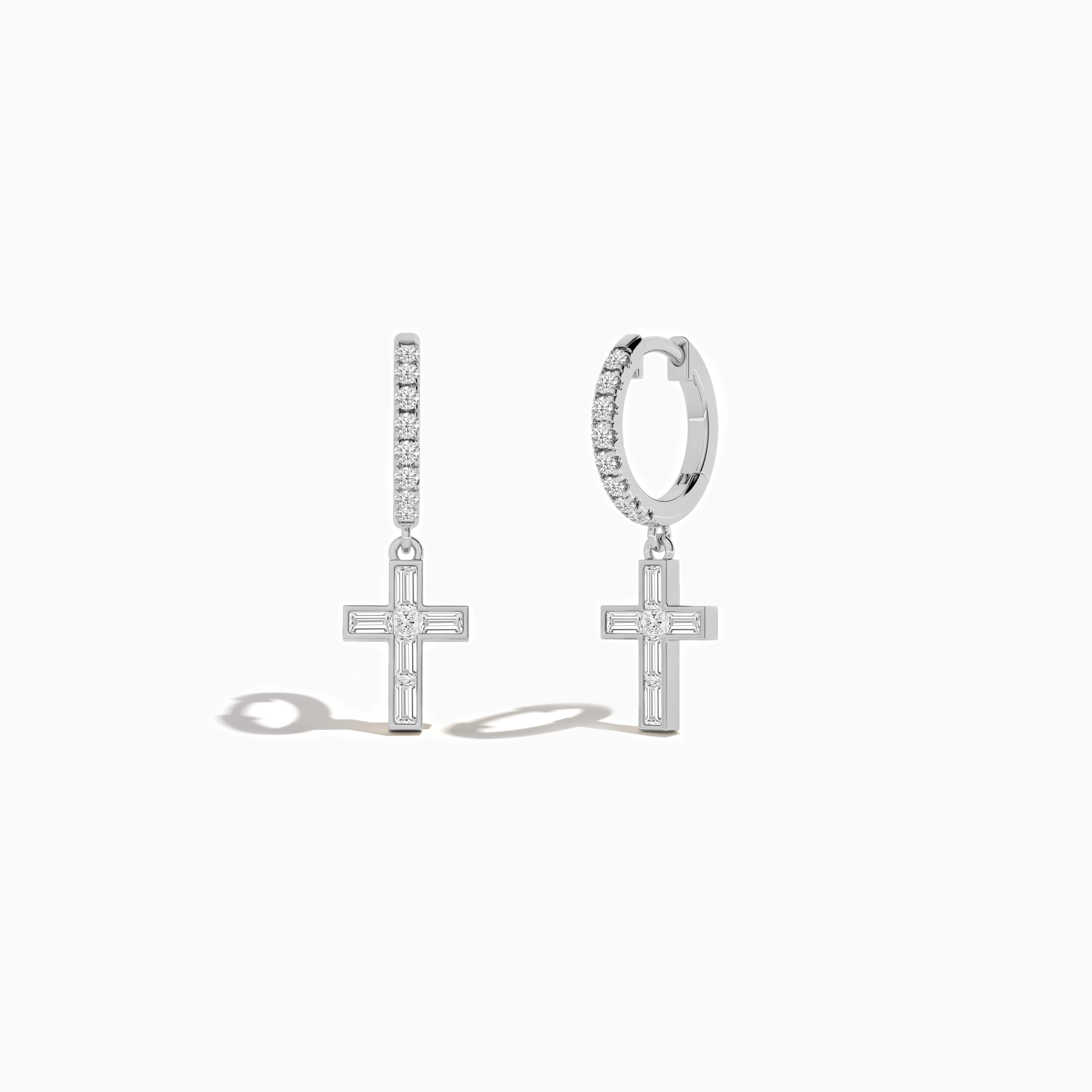 Cross Dangle Huggie Hoop Earrings In White Gold 