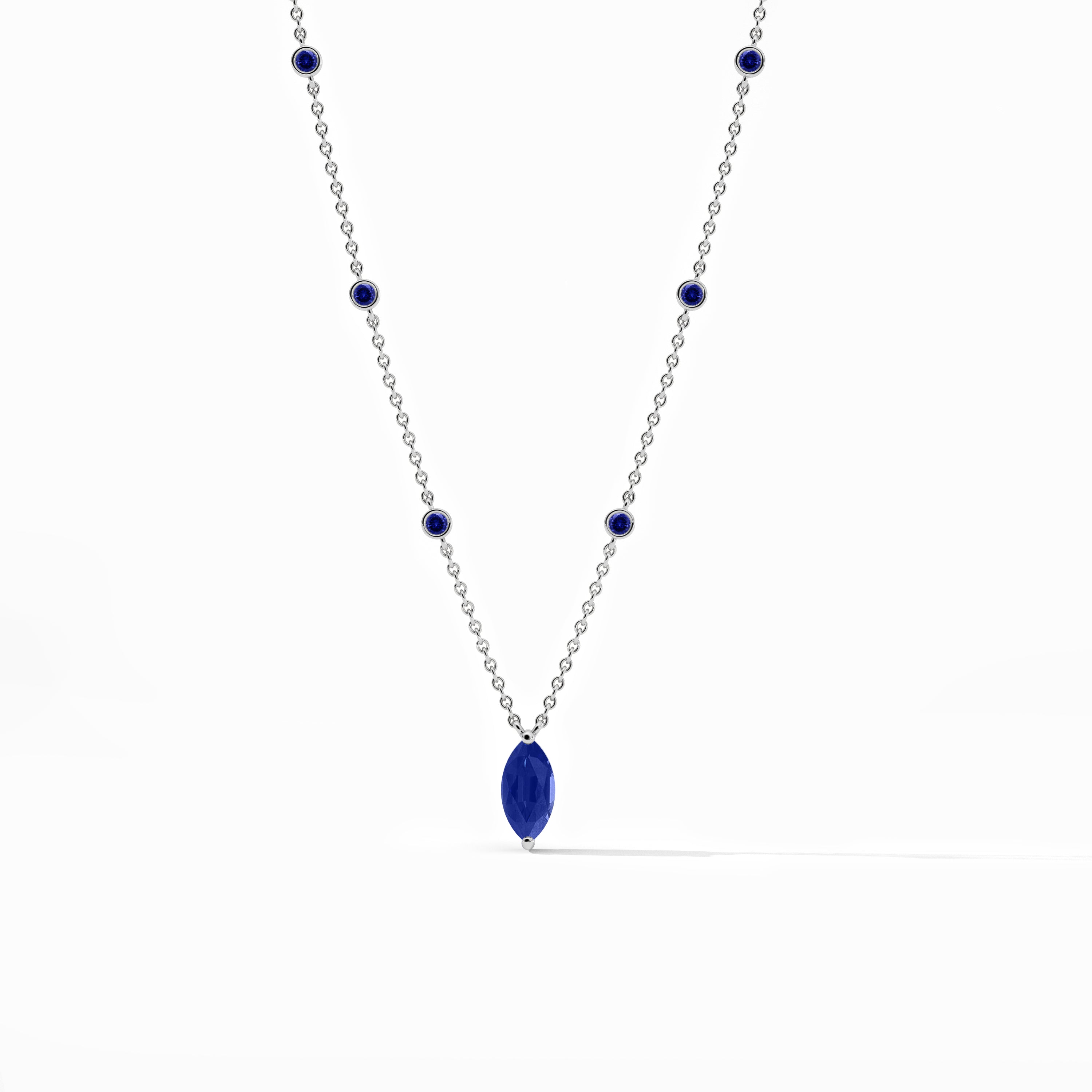 White Gold Station Necklace in Blue Sapphire Diamond