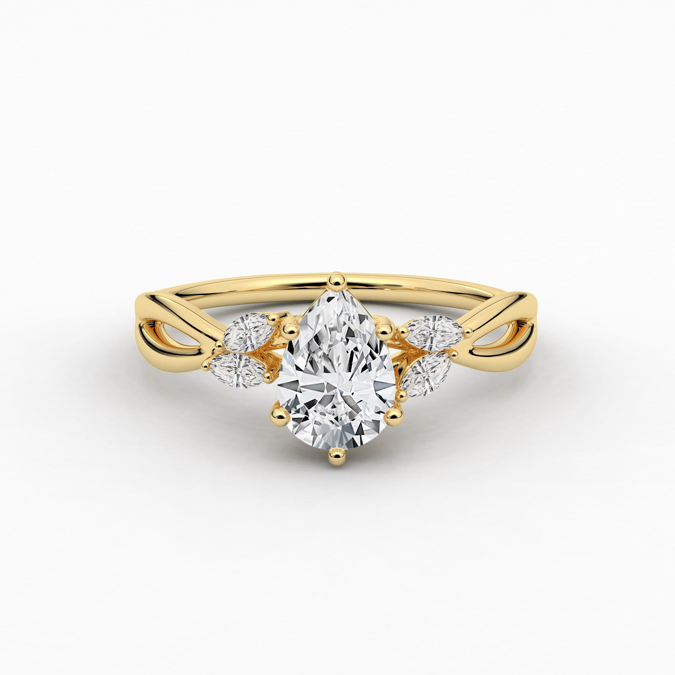 Pear Cut Moissanite Diamond Engagement In Nature Inspired In Yellow Gold 