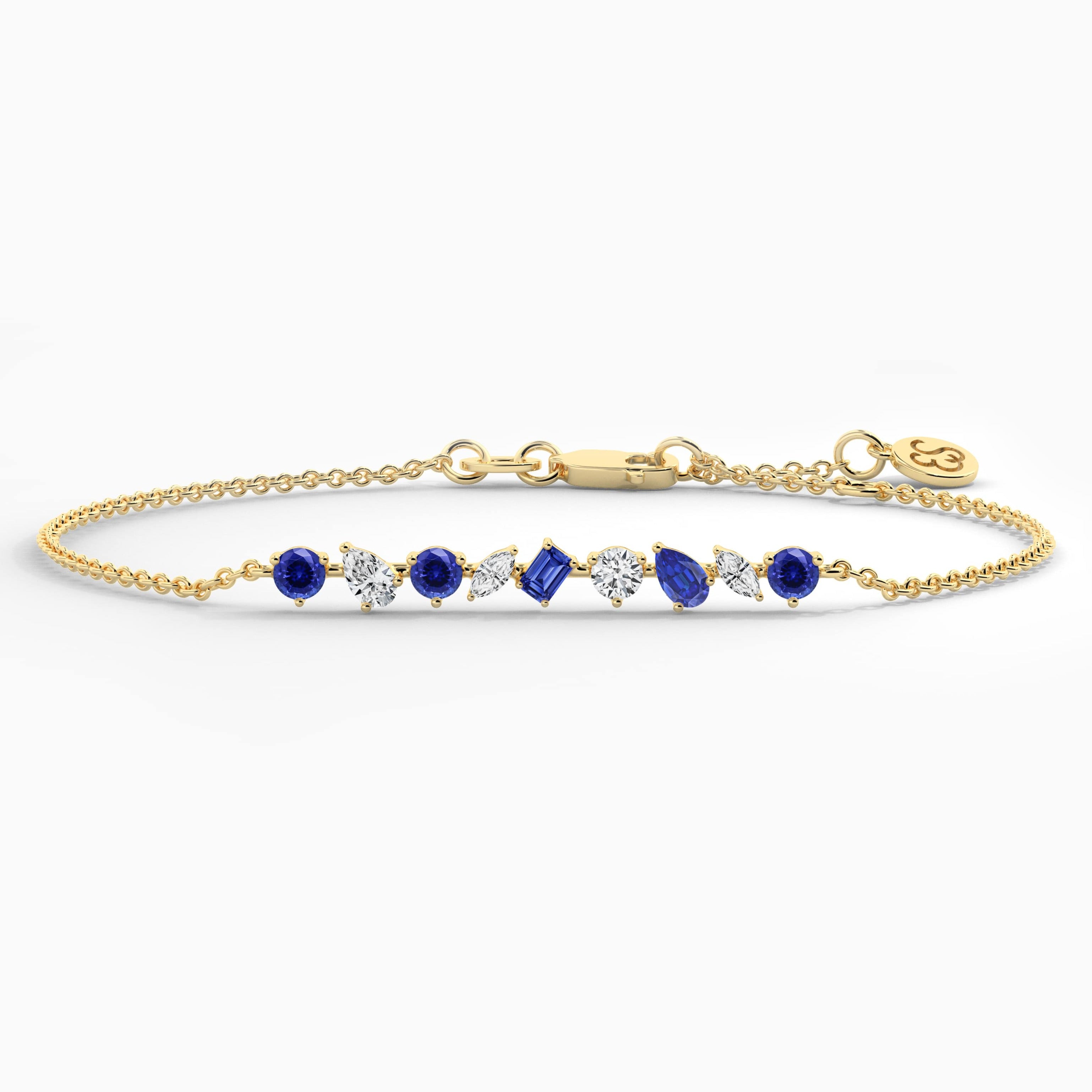 Multi Shape Blue Sapphire And White Diamond Chain Bracelet in Yellow Gold 