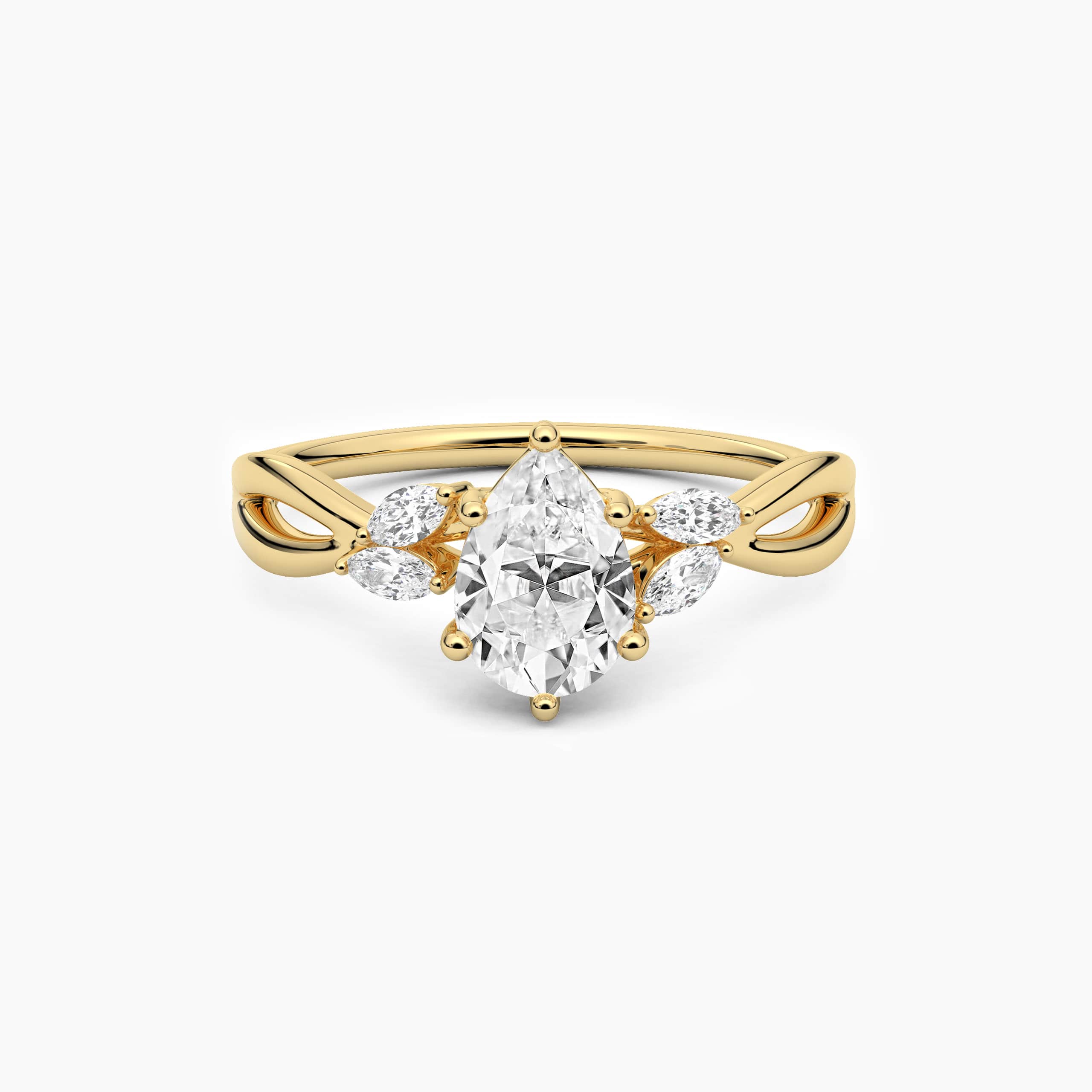 Pear Cut Moissanite Diamond Engagement In Nature Inspired In Yellow Gold